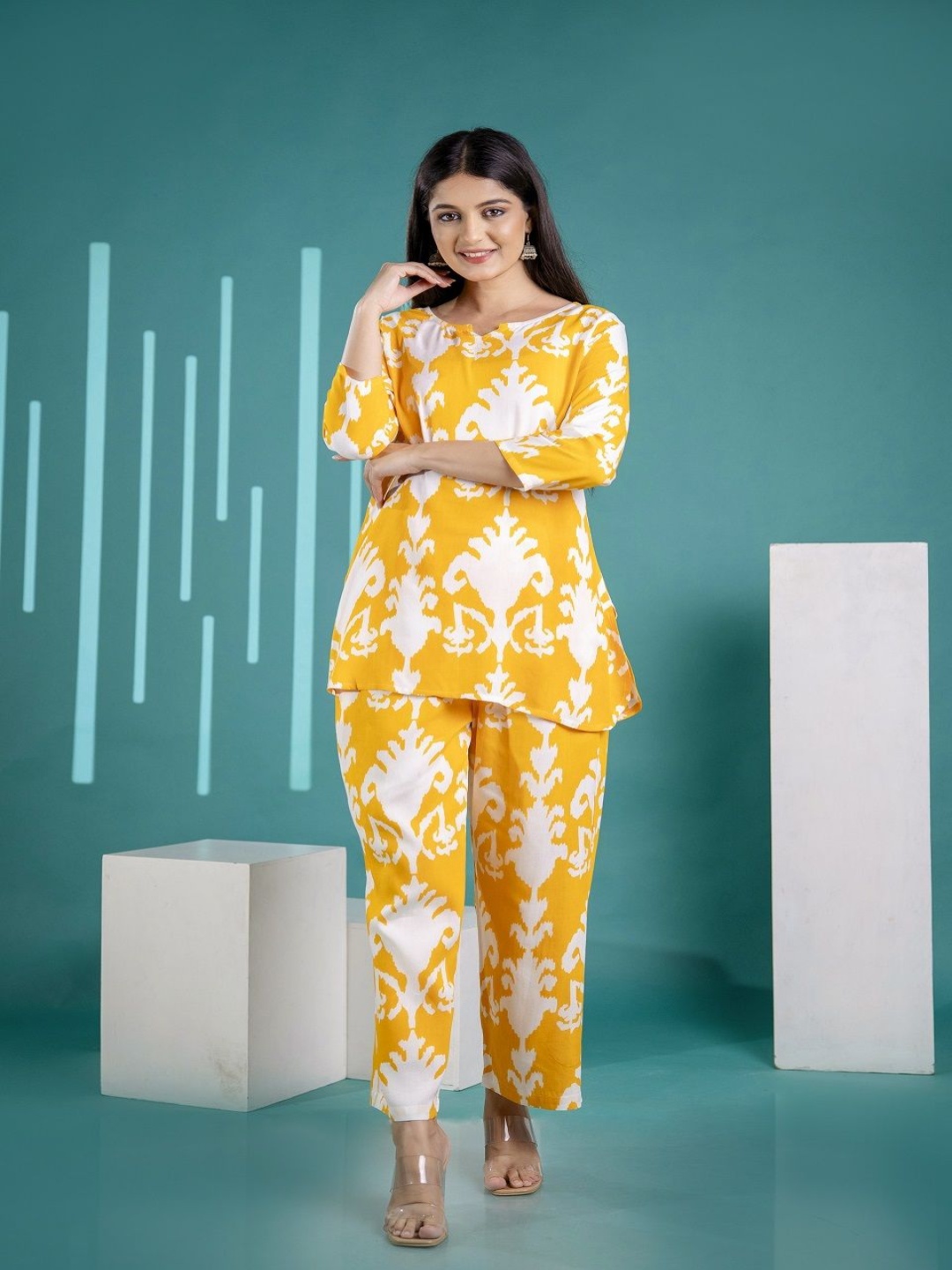 

Anouk Yellow And White Geometric Printed Pure Cotton Notch-Neck Tunic With Trouser