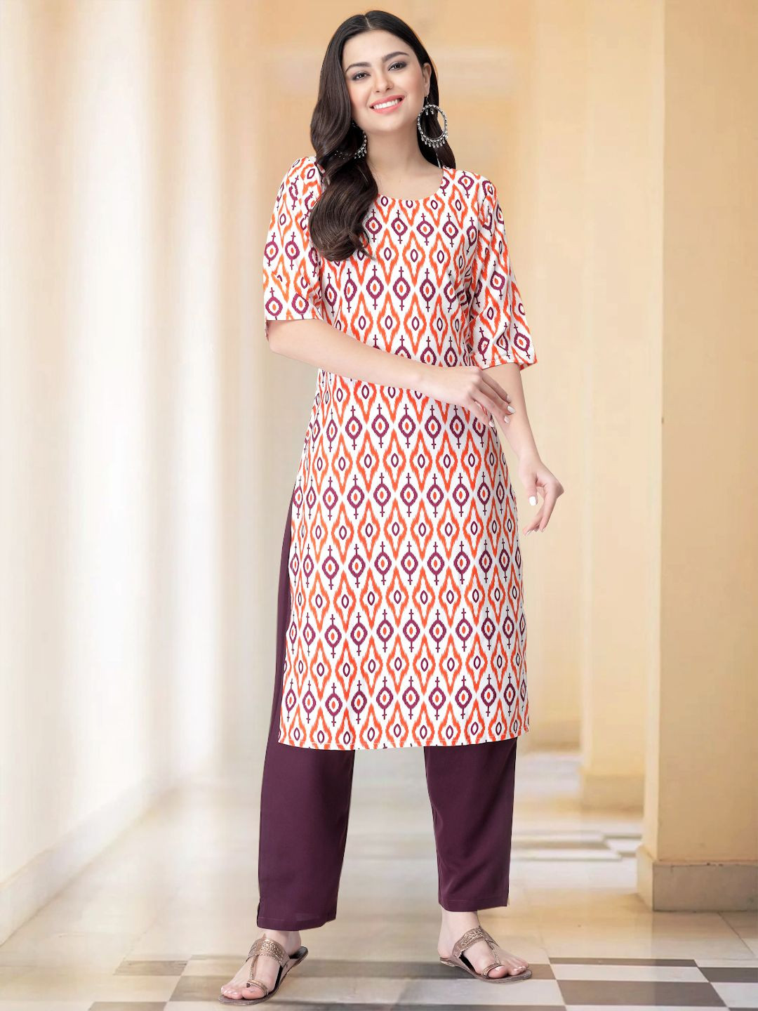 

7Threads Selection Of 2 Ethnic Motifs Printed Round Neck Straight Kurta with Trousers, Orange