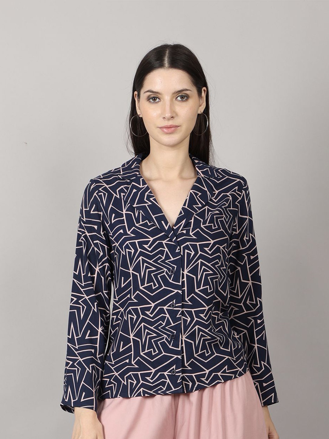 

PRIDEWEAR Women Classic Fit Cuban Collar Abstract Printed Casual Shirt, Navy blue