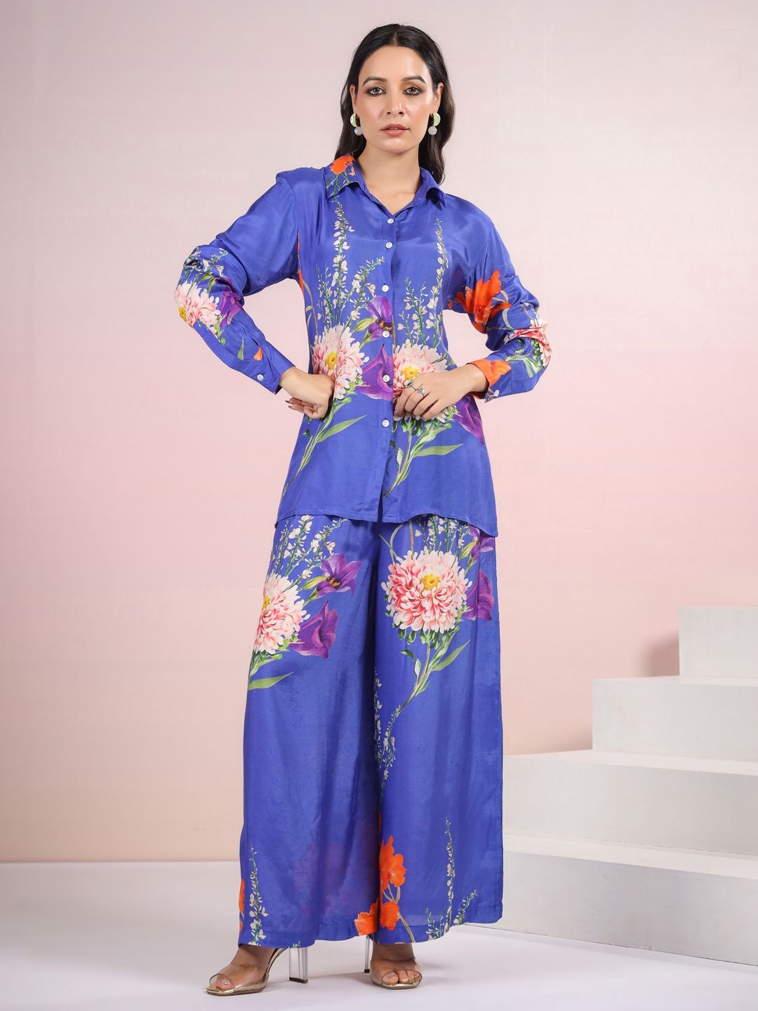 

AUTUMN LANE Tracy Lapis Floral Printed Shirt Collar Shirt with Trousers, Blue