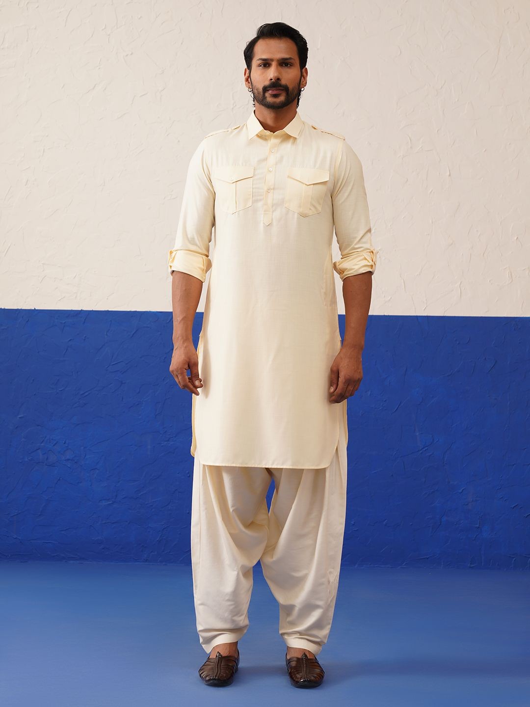 

TheEthnic.Co Men Shirt Collar Regular Pure Cotton Pathani Kurta with Patiala, Cream