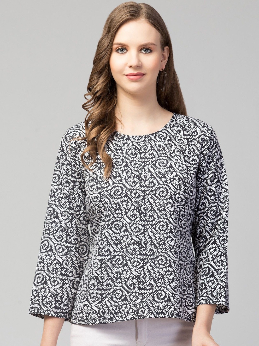 

CULPI Women Ethnic Printed Round Neck Top, Black