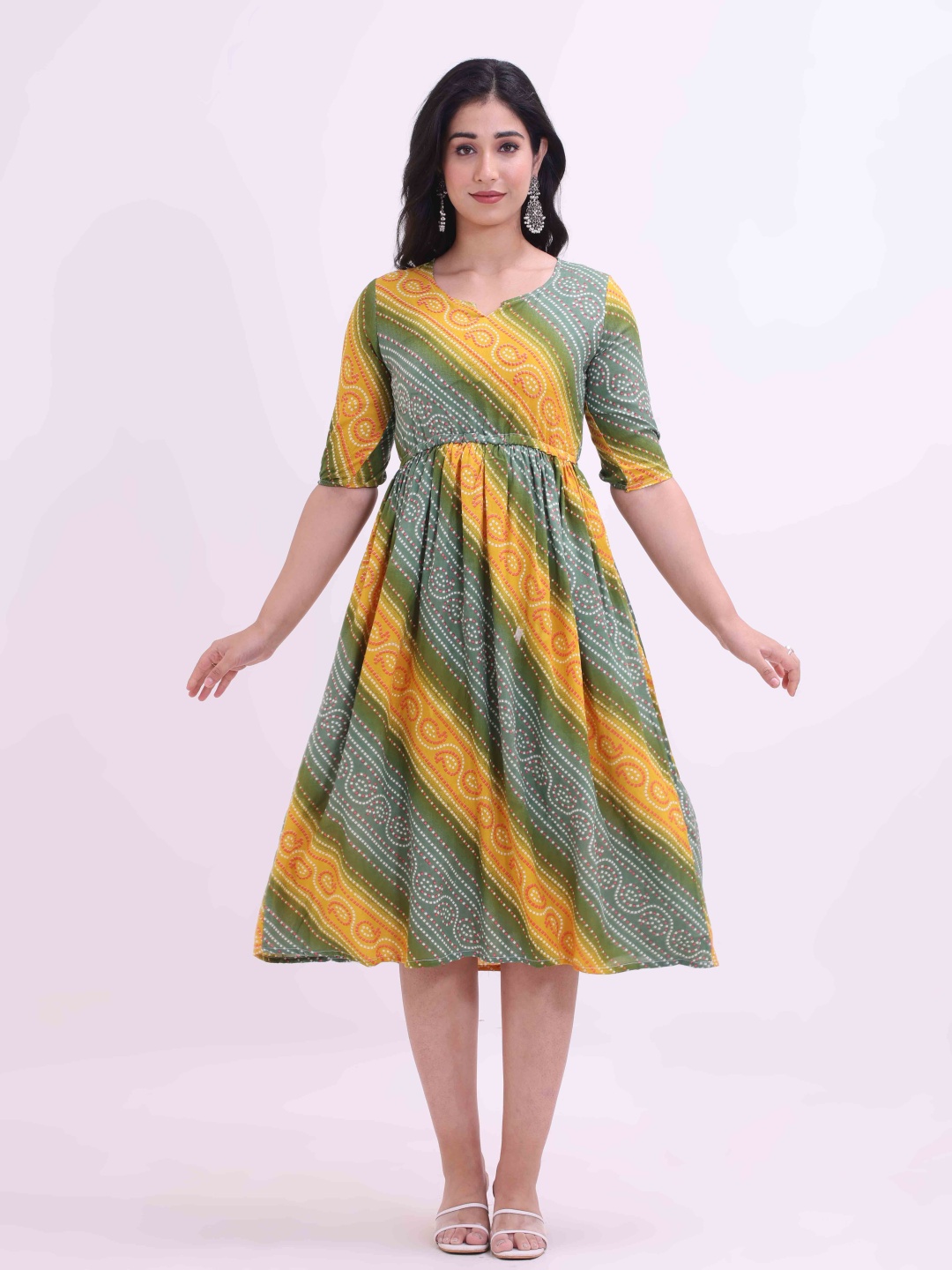 

Smartyhub Ethnic Dress Leheriya Printed Notch Neck A-Line Pure Cotton Ethnic Dress, Olive