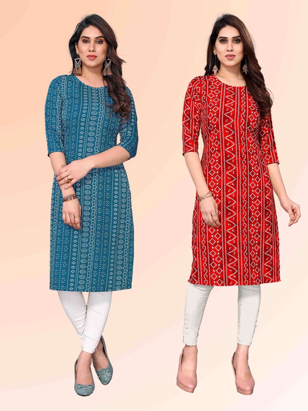 

KETAKI FASHION Selection Of 2 Ethnic Motifs Printed Round Neck Straight Kurtas, Blue