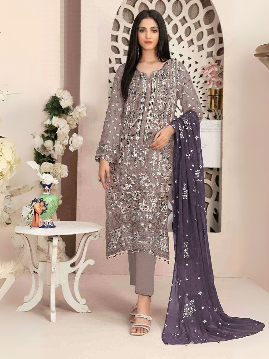 

ODETTE Women Floral Embroidered Sequinned Georgette Semi-Stitched Dress Material, Purple