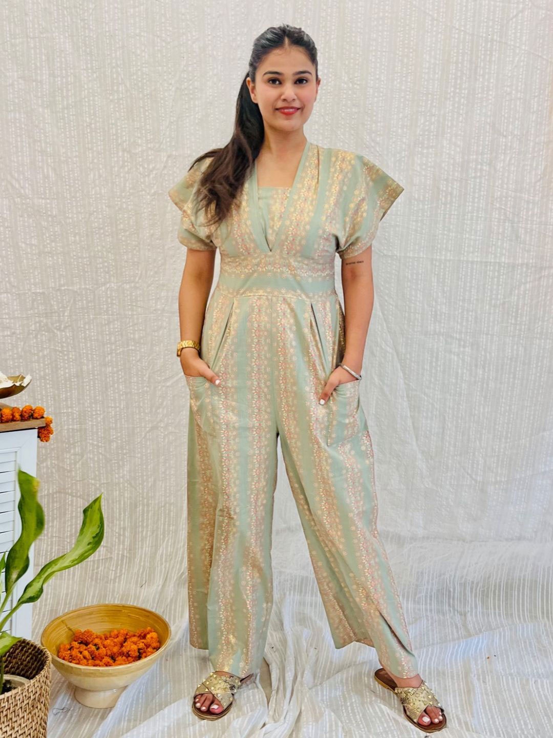 

Bohemian Dream Women Pista Green Festive Jumpsuit