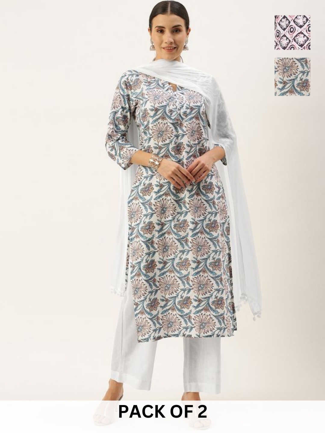 

KALINI Selection Of 2 Floral Printed Notch Neck Straight Kurta With Trousers, White