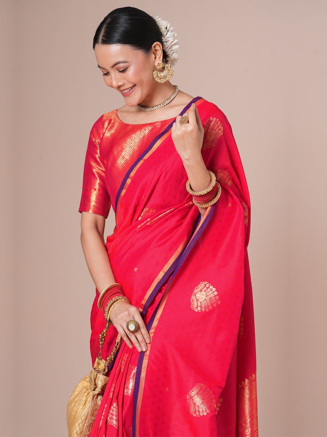 

House Of Pataudi Woven Design Banarasi Saree With Blouse Piece, Red
