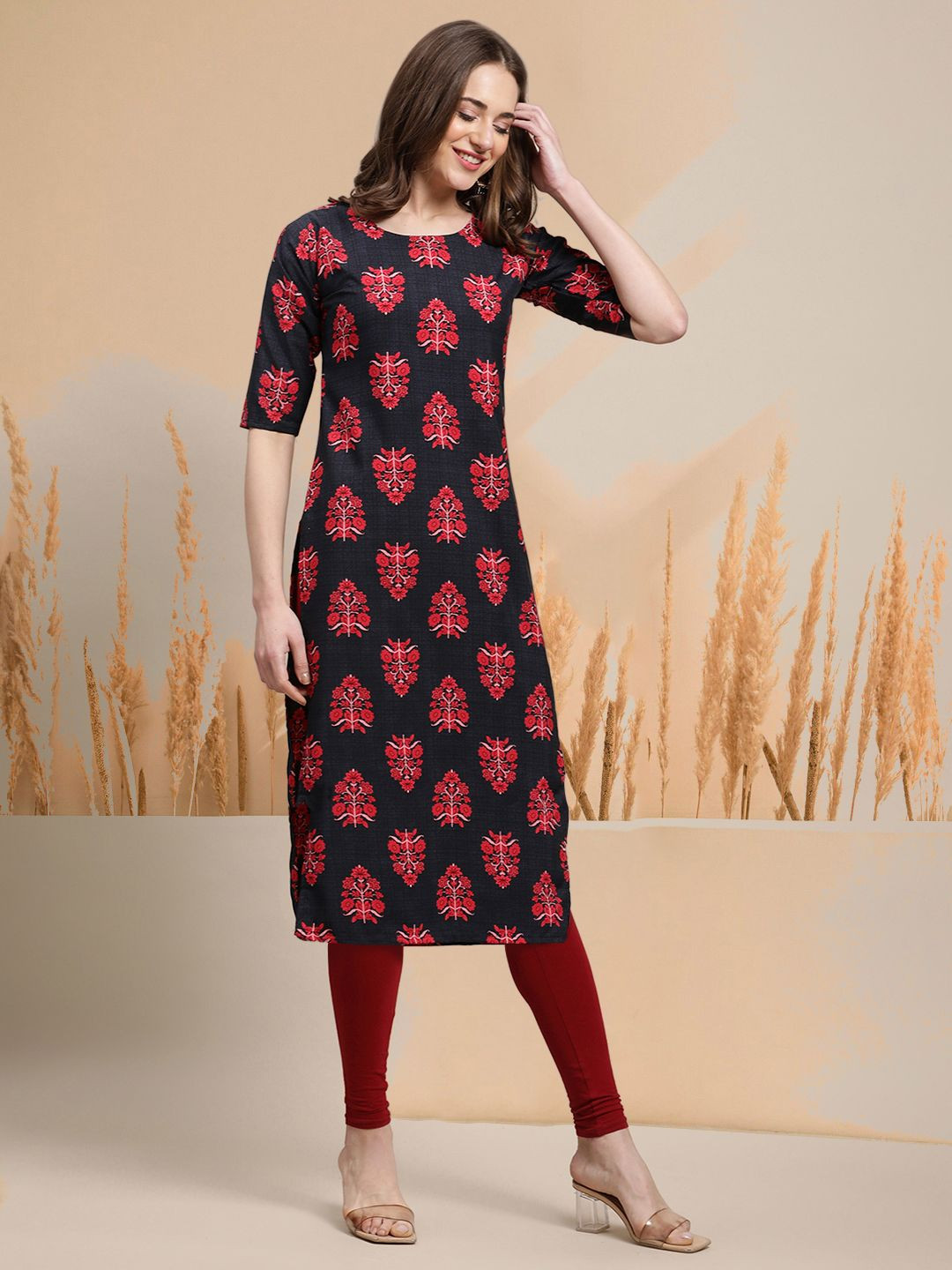 

7Threads Selection of 2 Floral Printed Round Neck Straight Kurtas, Black