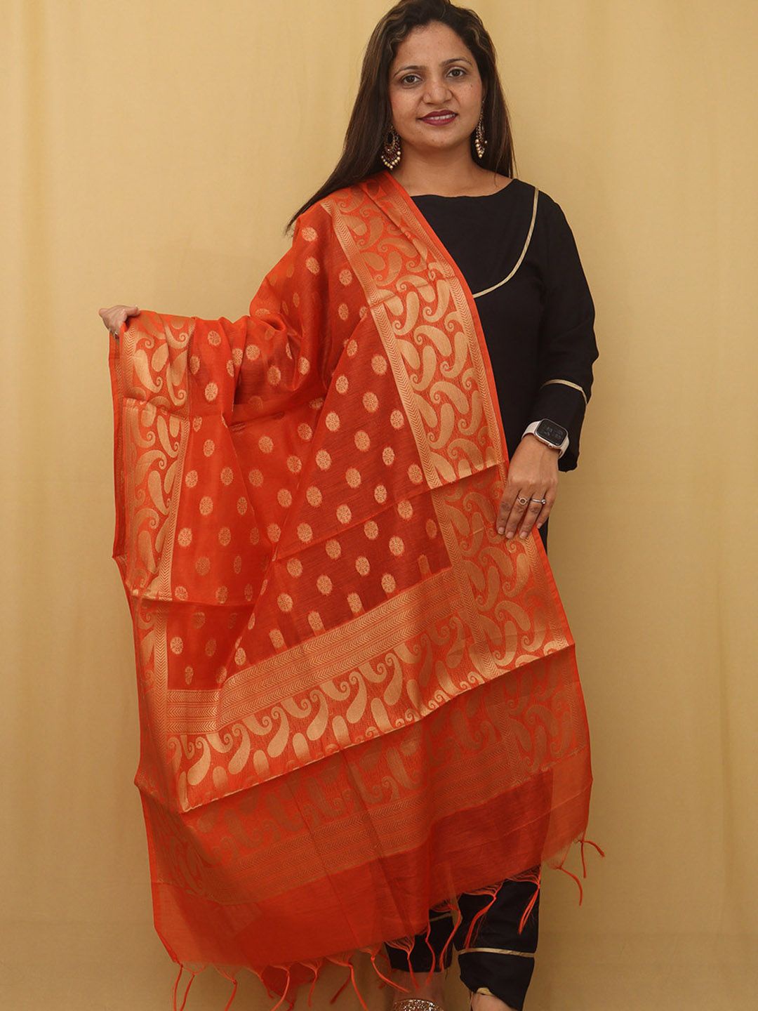 

Luxurionworld Ethnic Motifs Woven Design Cotton Silk Dupatta with Zari, Orange
