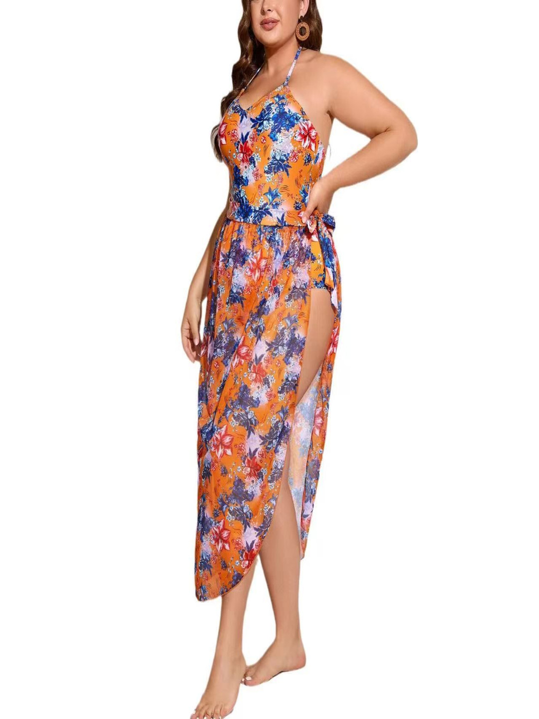 

Plus Curvves Women Plus Flower Printed Side Wrap One Piece Swimsuit With Cover Up, Orange