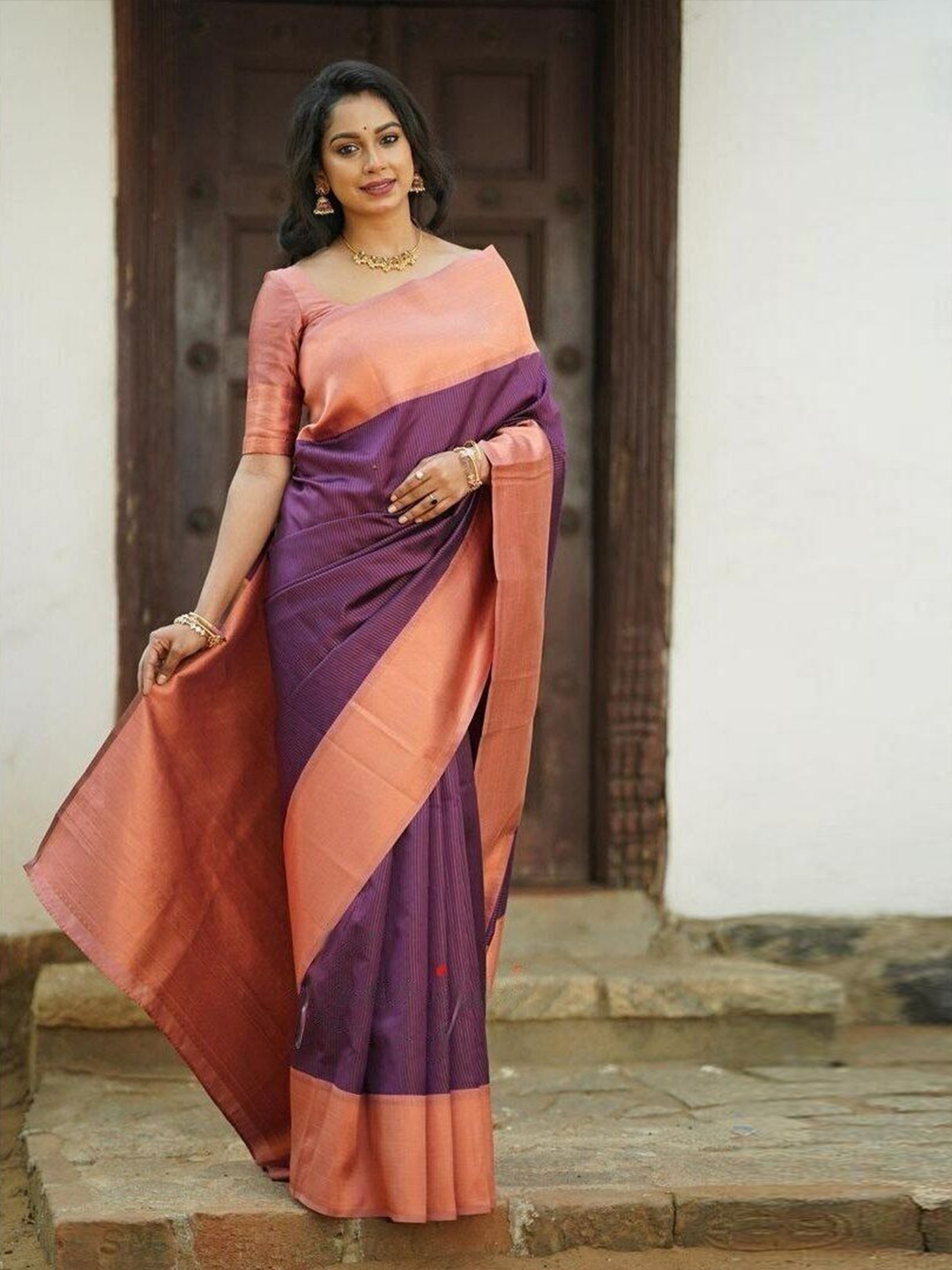 

Upalksh Striped Zari Kanjeevaram Saree, Purple