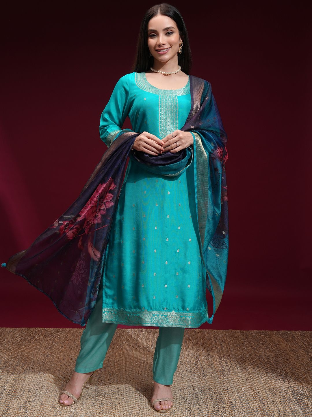 

Vishudh Ethnic Motifs Printed Round Neck Straight Kurta With Trouser & Dupatta, Turquoise blue