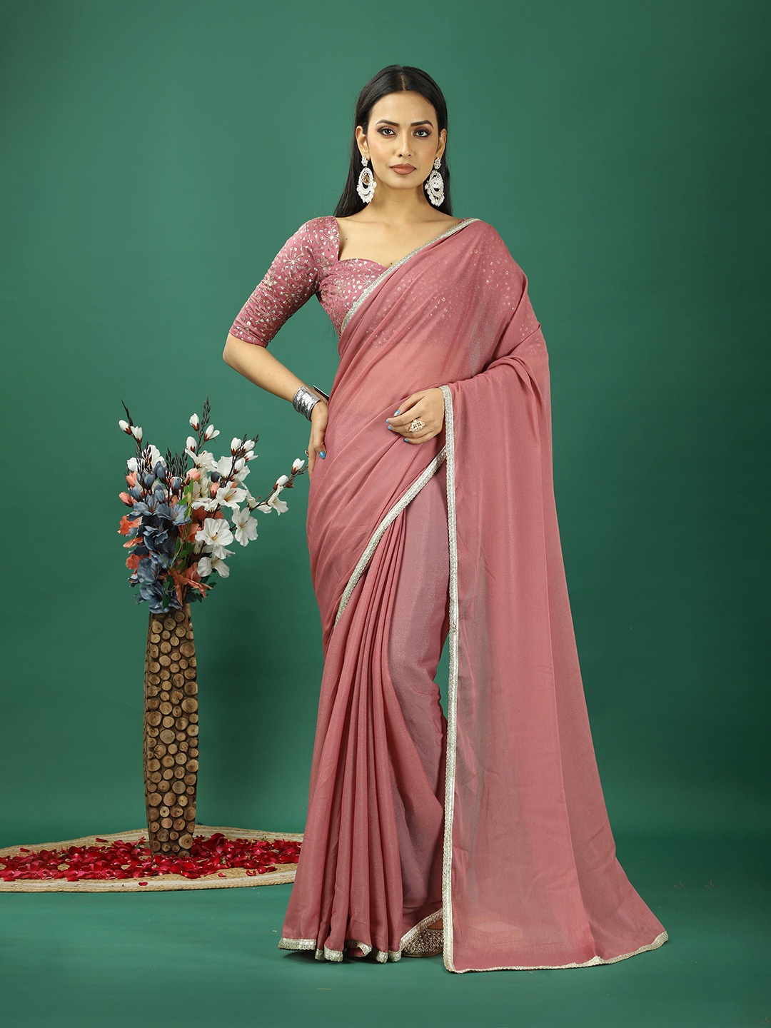 

HI FI NX Beads and Stones Satin Banarasi Saree, Peach