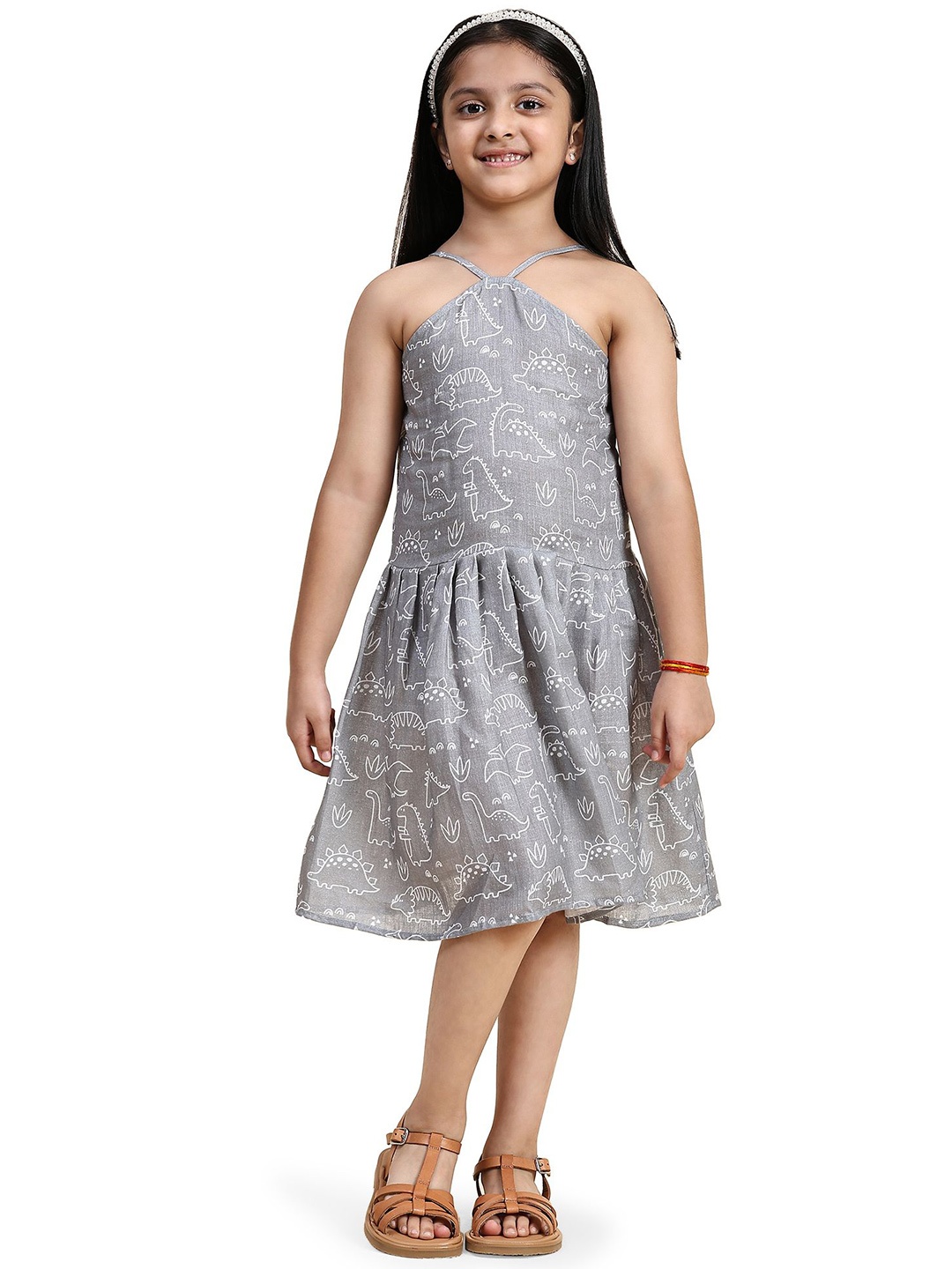 

Funny Bones Clothings Print Halter Neck Linen A-Line Dress, Grey