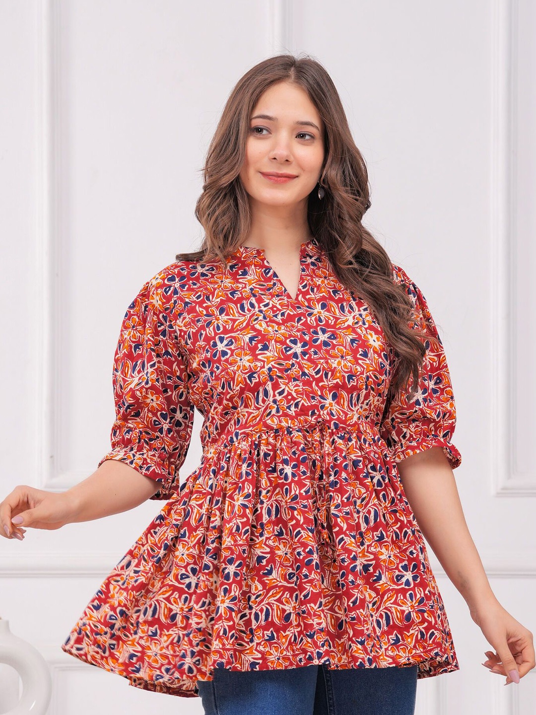 

SITA FASHION HUB Floral Printed Pure Cotton Anarkali Kurti, Red
