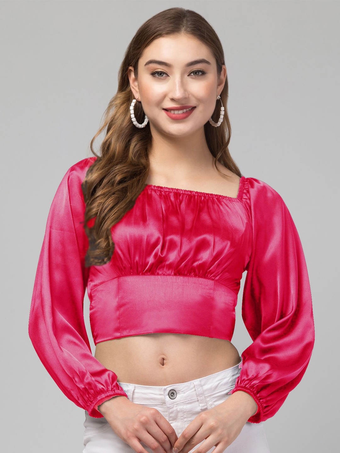 

CULPI Women Puff Sleeves Fitted Crop Top, Pink