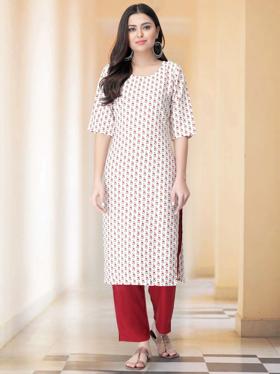 

7Threads Selection Of 2 Floral Printed Round Neck Straight Kurta With Trousers, Red