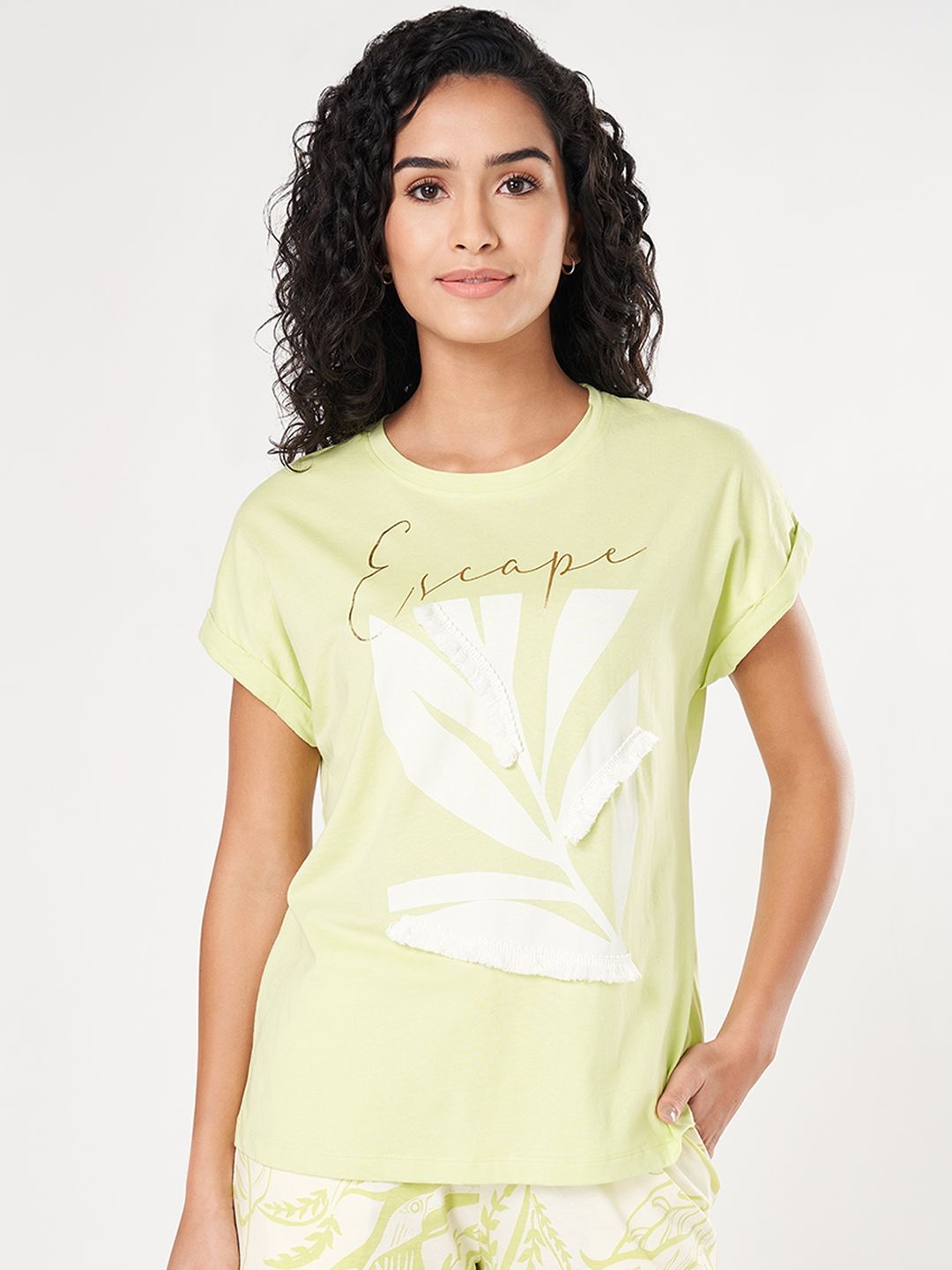 

Dreamz by Pantaloons Women Printed Round Neck Lounge Tshirts, Green