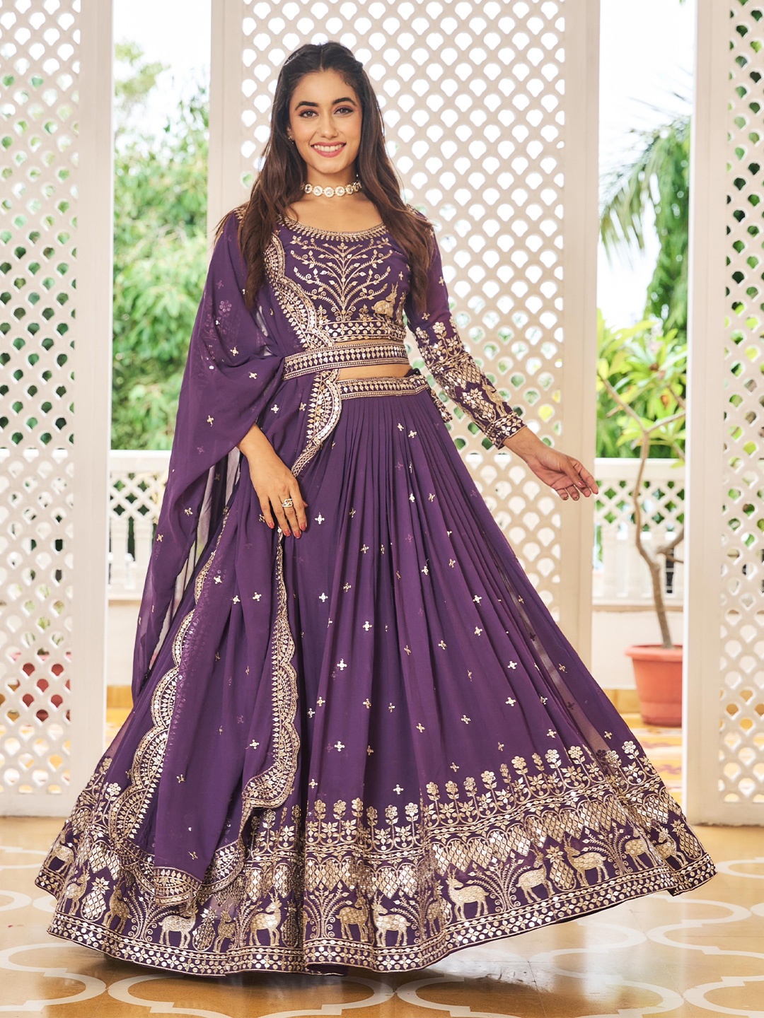 

Ethnic Yard Embroidered Sequinned Georgette Ready to Wear Lehenga & Blouse With Dupatta, Purple