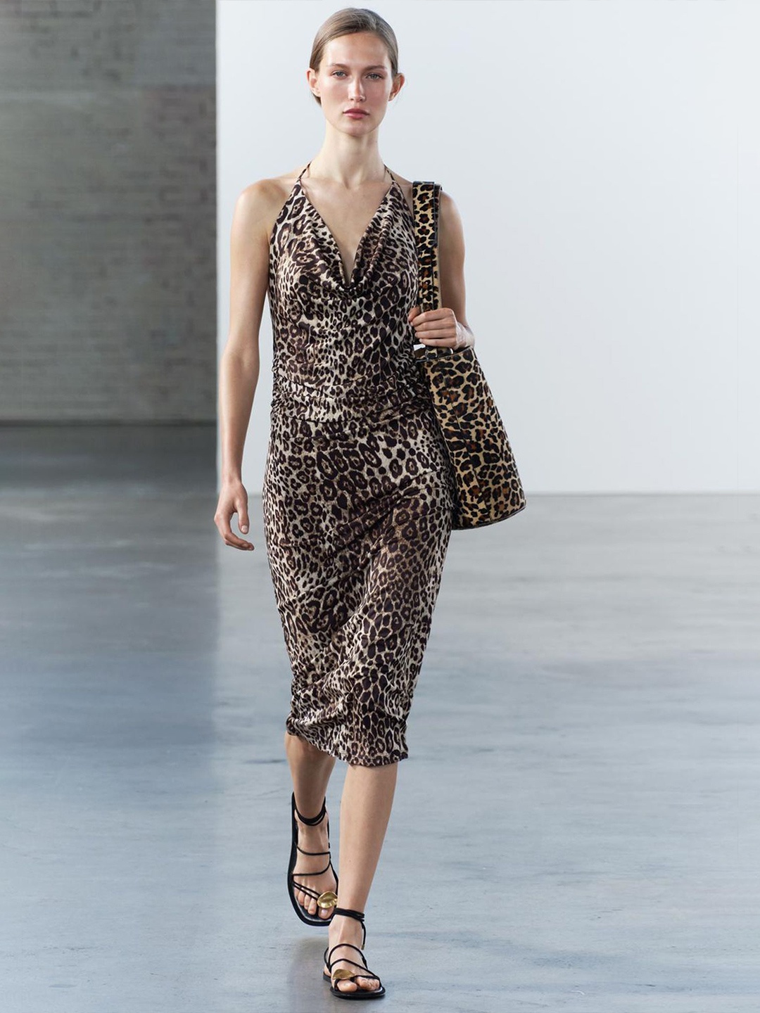 

LULU & SKY Women Animal Printed Cowl Neck Sheath Midi Dress, Beige