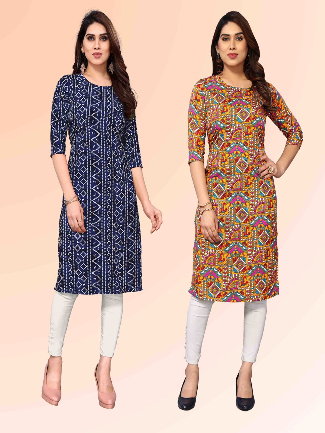 

KETAKI FASHION Selection Of 2 Bandhani Printed Round Neck Straight Kurtas, Navy blue