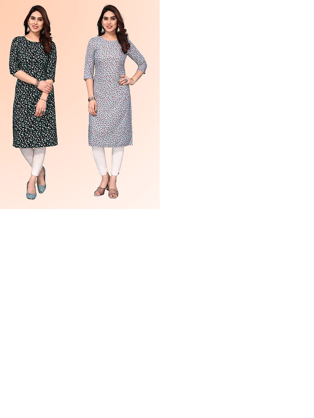 

KETAKI FASHION Selection Of 2 Floral Printed Round Neck Straight Kurtas, Grey