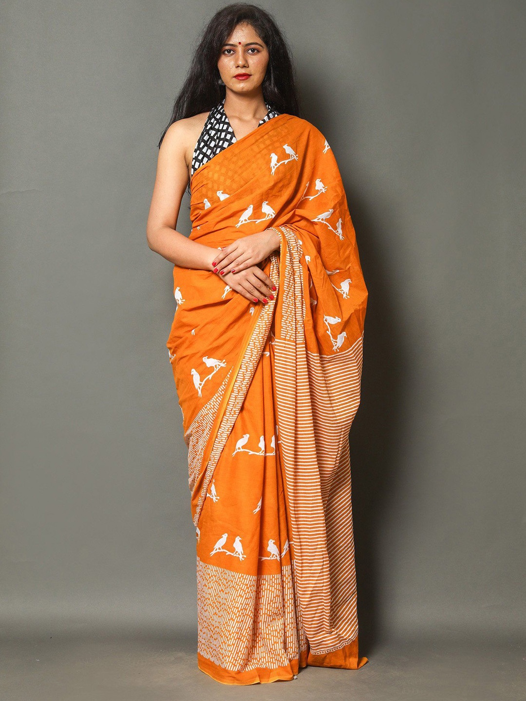 

Craft Musium Floral Pure Cotton Bagru Saree, Mustard