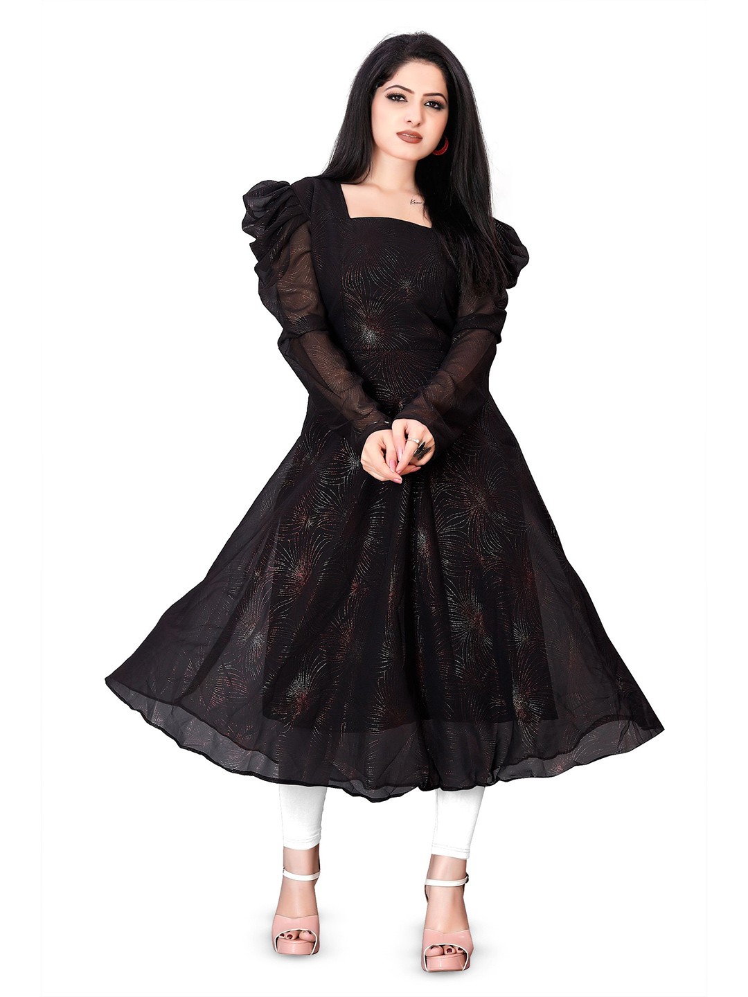 

BINDUDI Square Neck Georgette Anarkali Kurta, Black