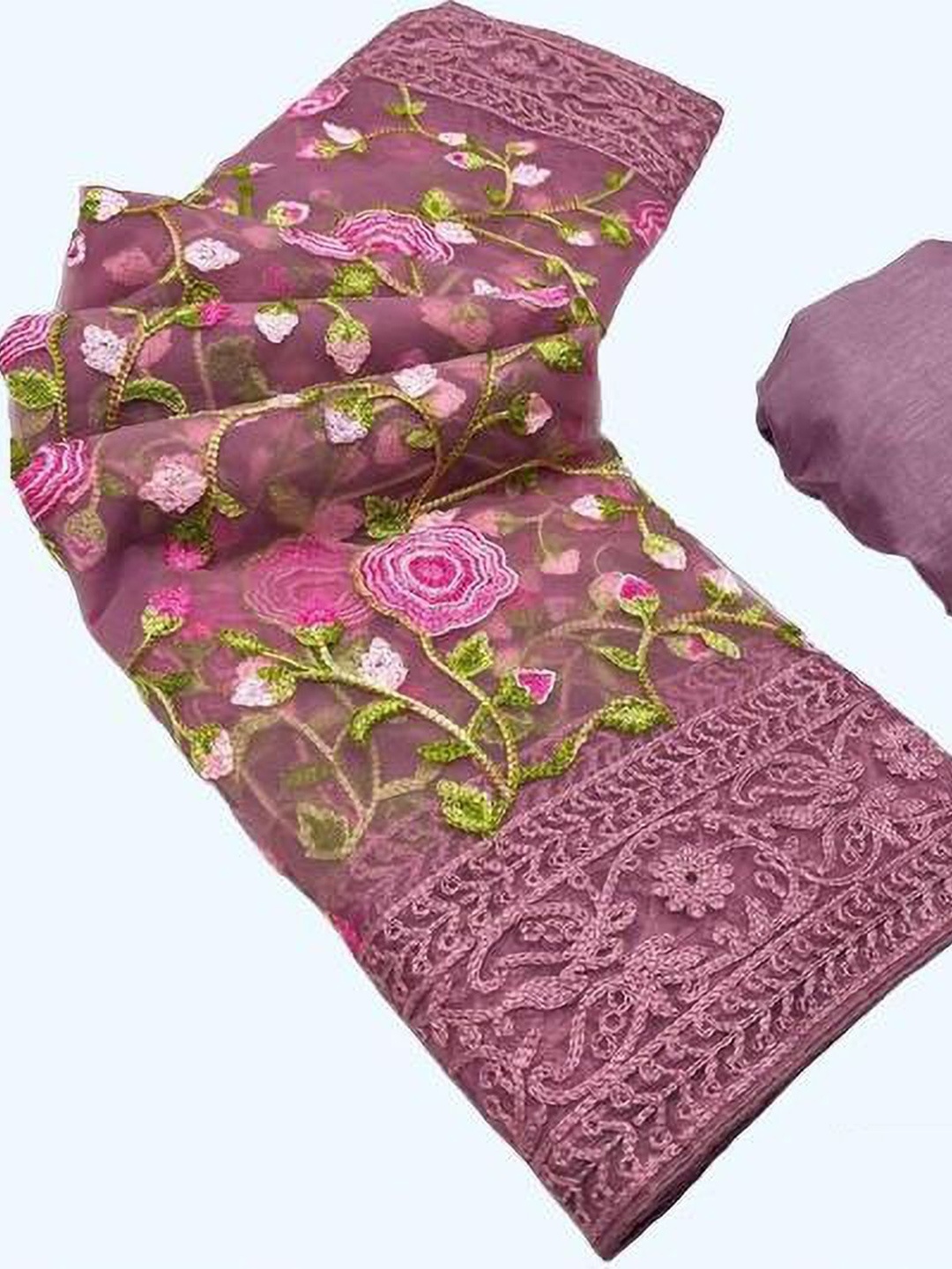 

Aika Floral Embroidered Pure Silk Saree, Pink