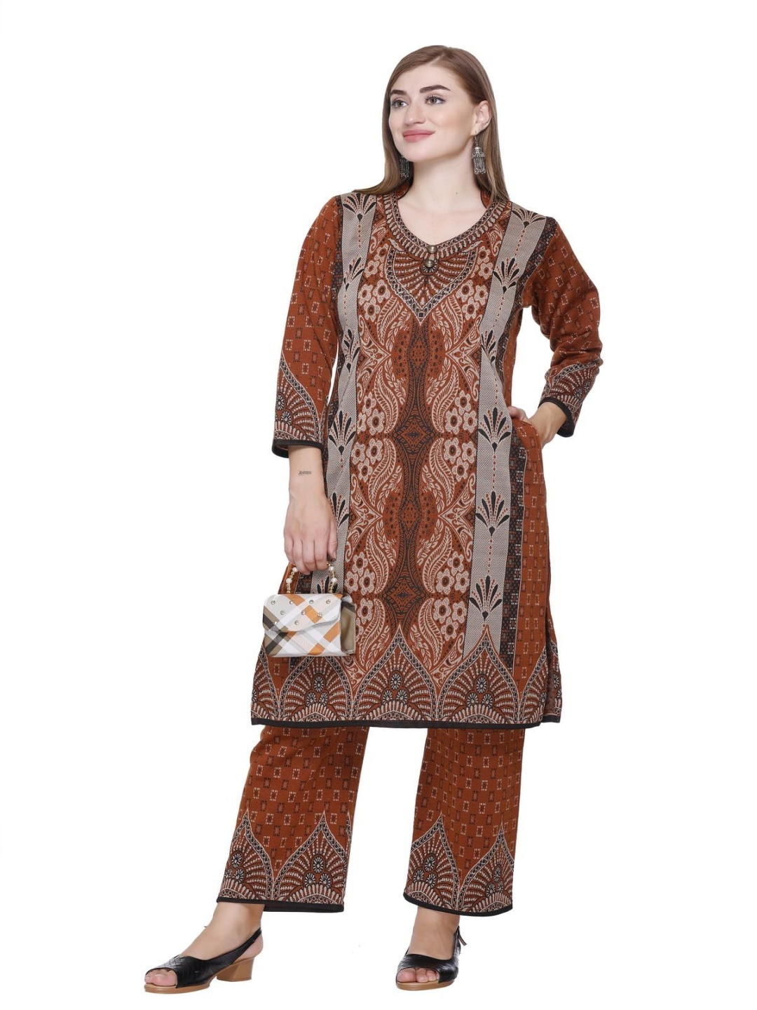 

ROSARY Floral Printed Mandarin Collar Jacquard Woollen Straight Kurta With Palazzos, Orange