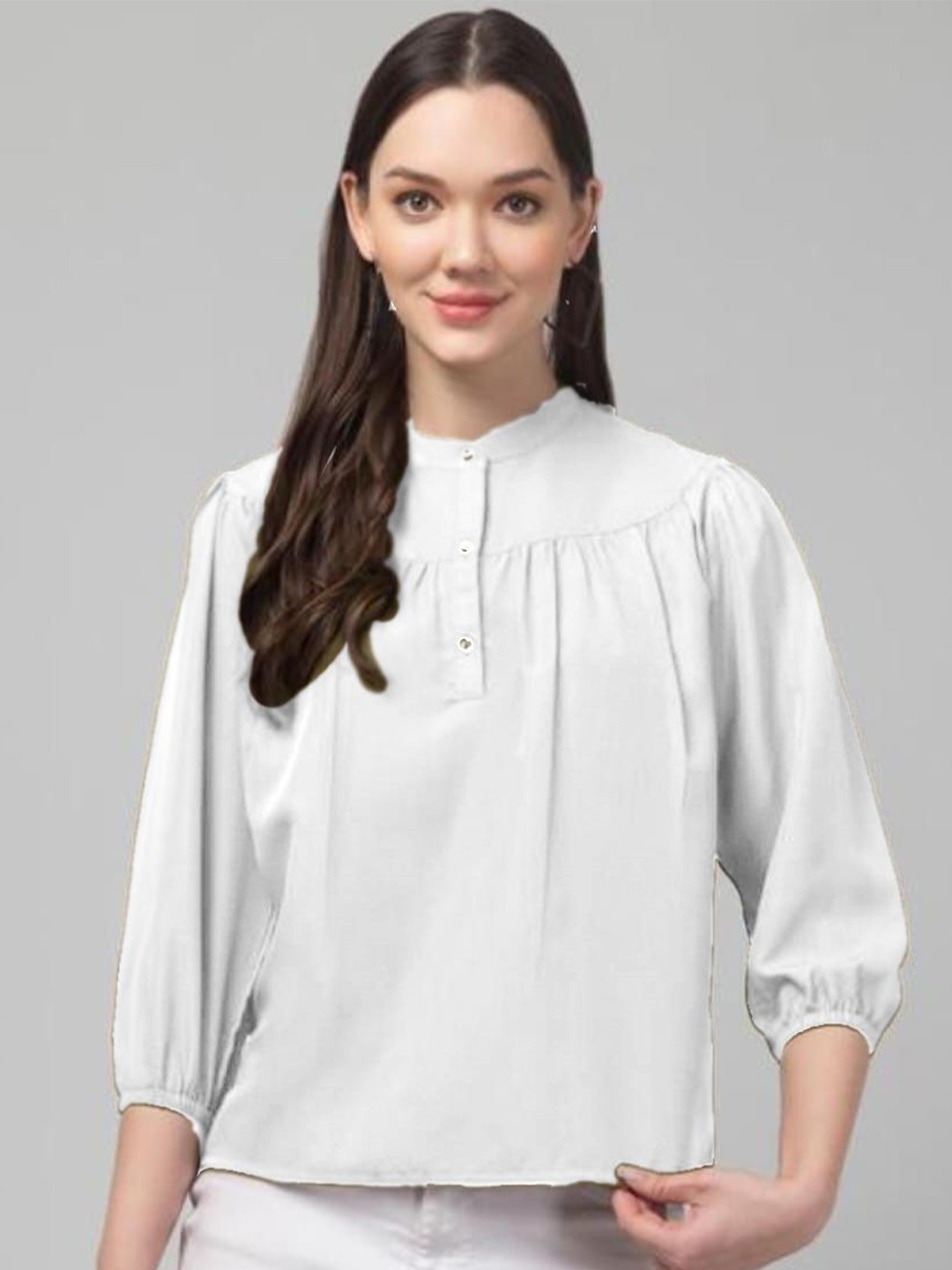 

CULPI Crepe Mandarin Collar Puff Sleeves Top, White