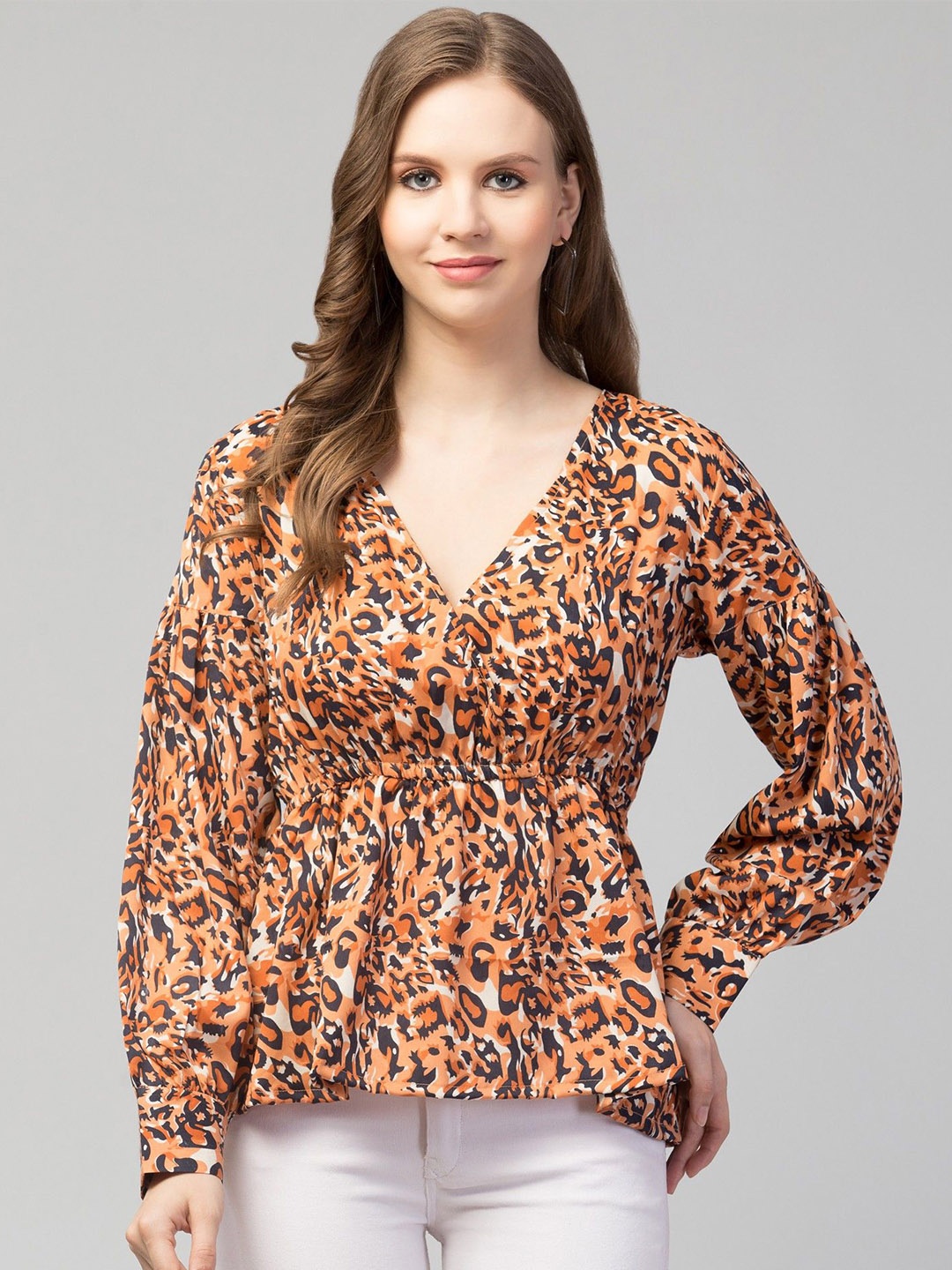 

CULPI Women Animal Printed Peplum Top, Orange