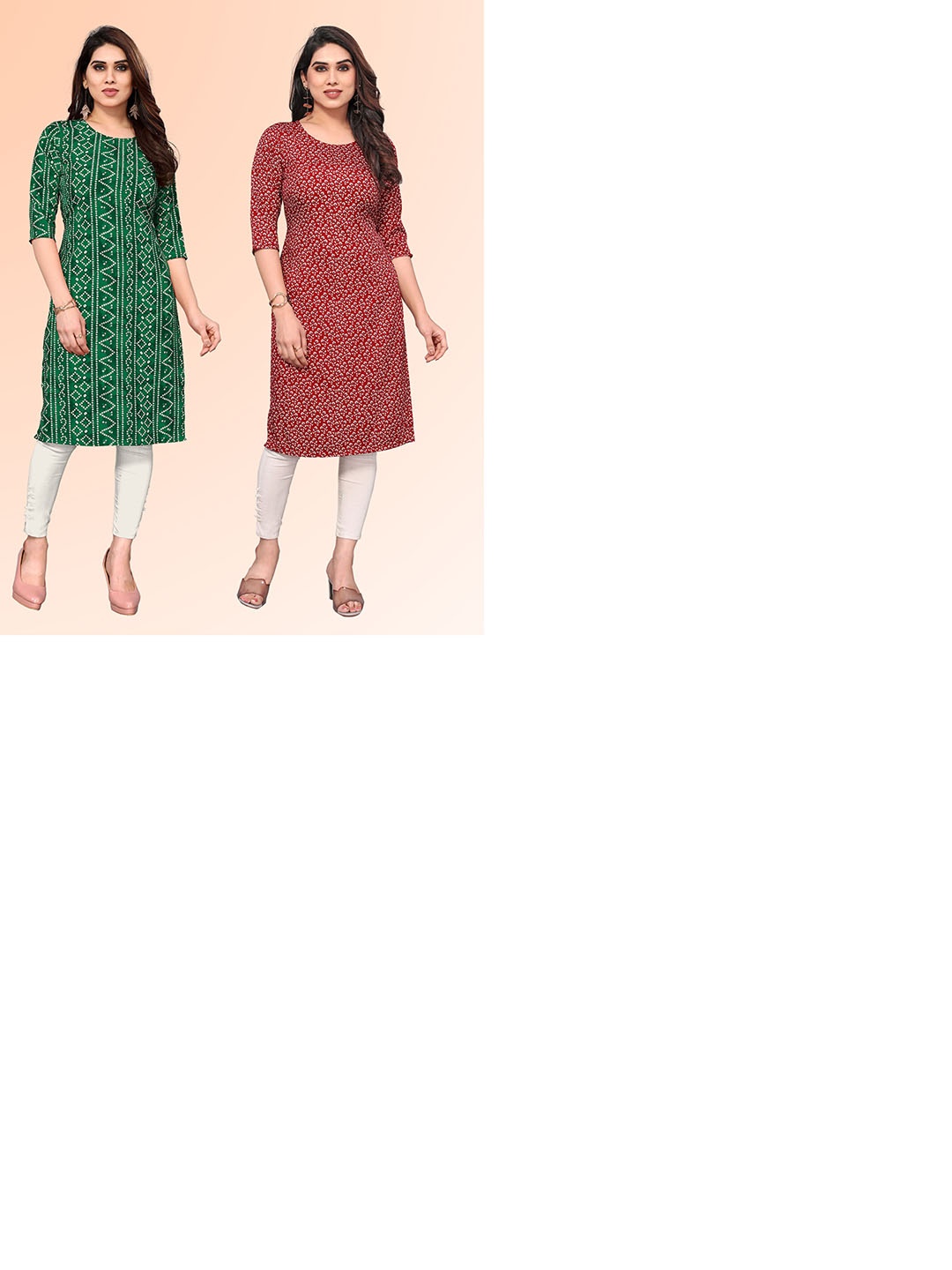

KETAKI FASHION Selection Of 2 Ethnic Motif Printed Round Neck Straight Kurtas, Green