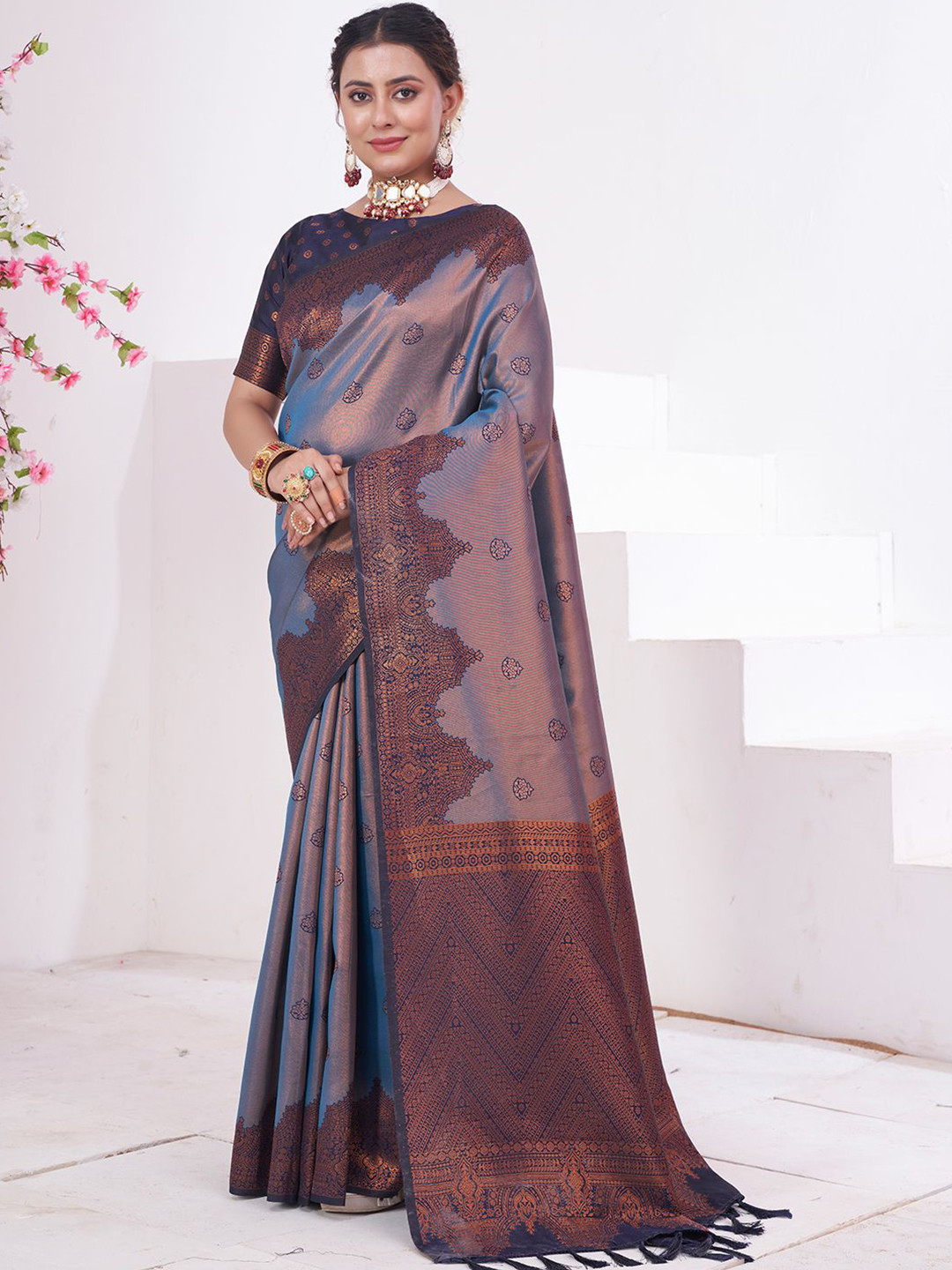 

Mitera Woven Design Zari Kanjeevaram Saree, Blue