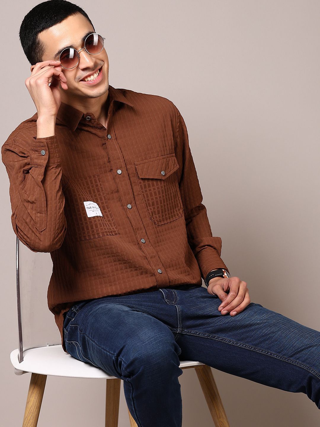 

V-Mart Men Spread Collar Textured Cotton Casual Shirt, Brown