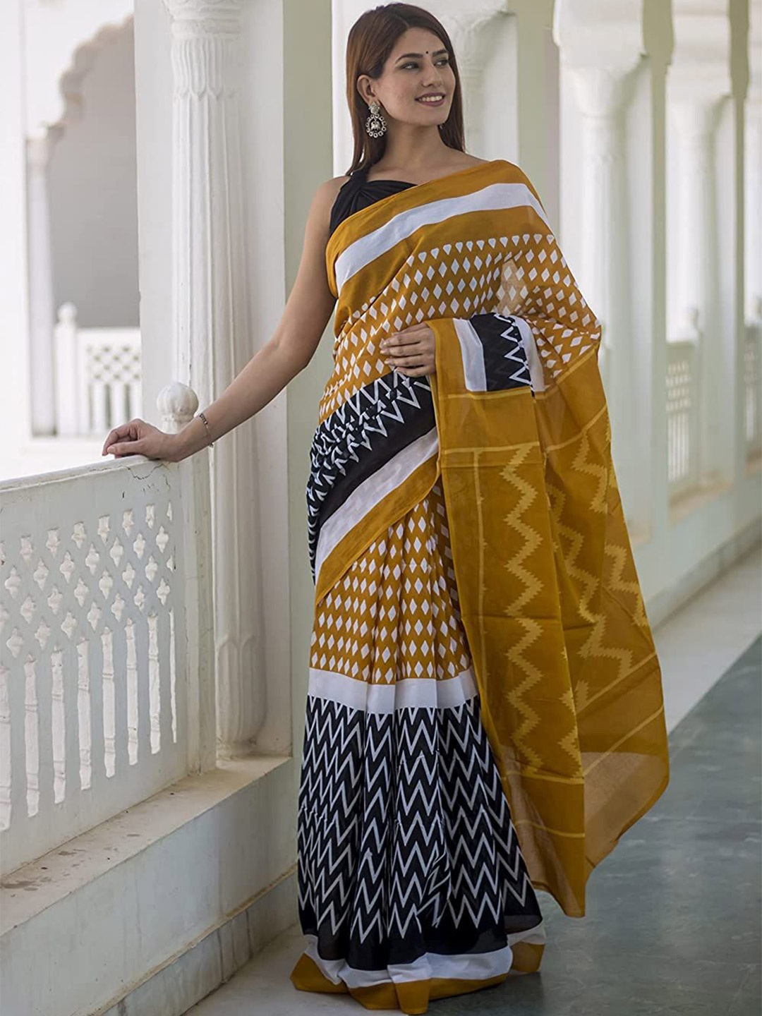 

Craft Musium Pure Cotton Bagru Saree, Mustard