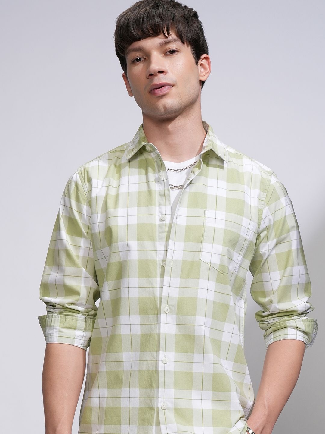 

HIGHLANDER Men Printed Checked Slim Fit Casual Shirt, White