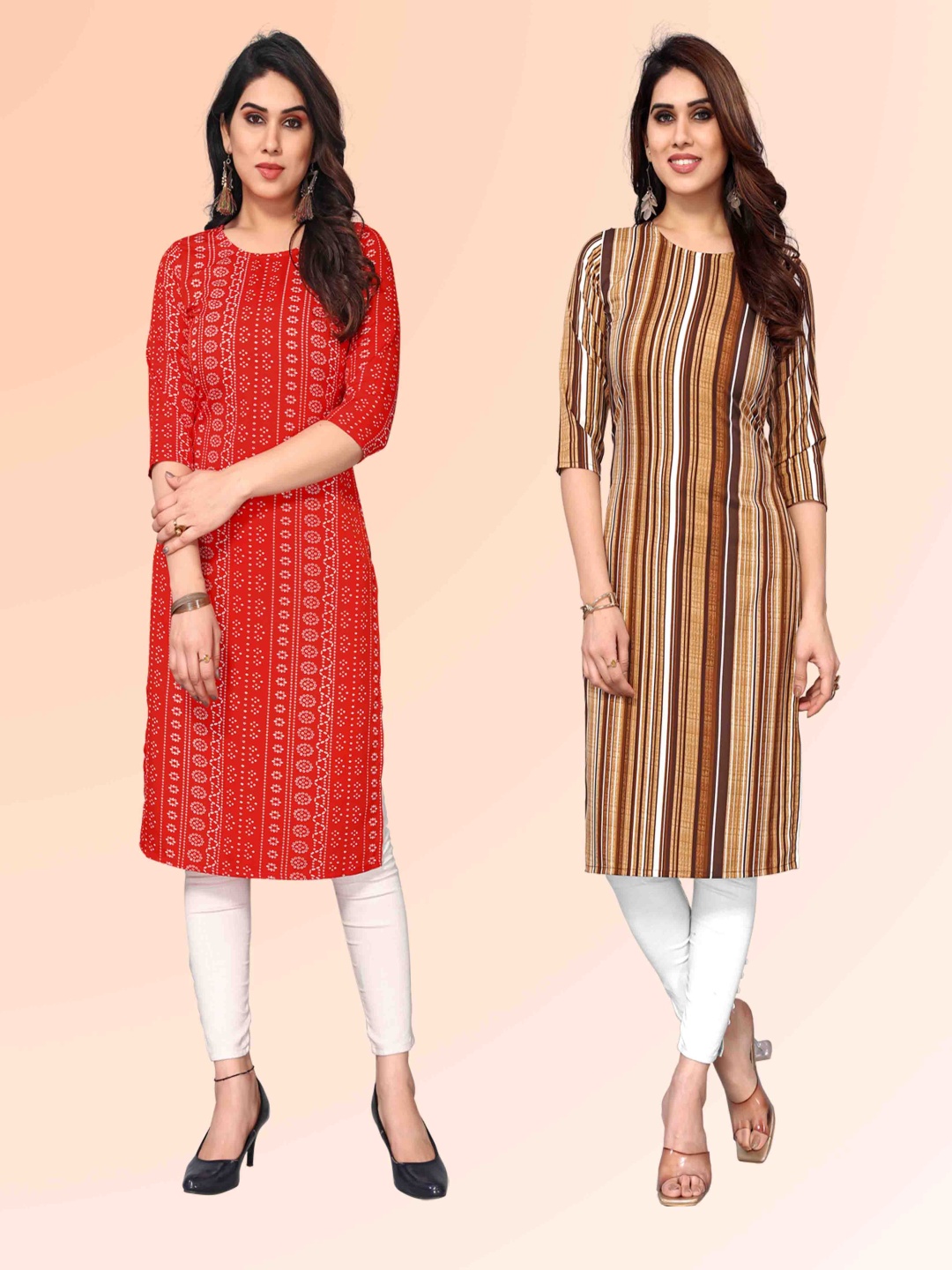 

KETAKI FASHION Selection Of 2 Bandhani Printed Round Neck Straight Kurtas, Red