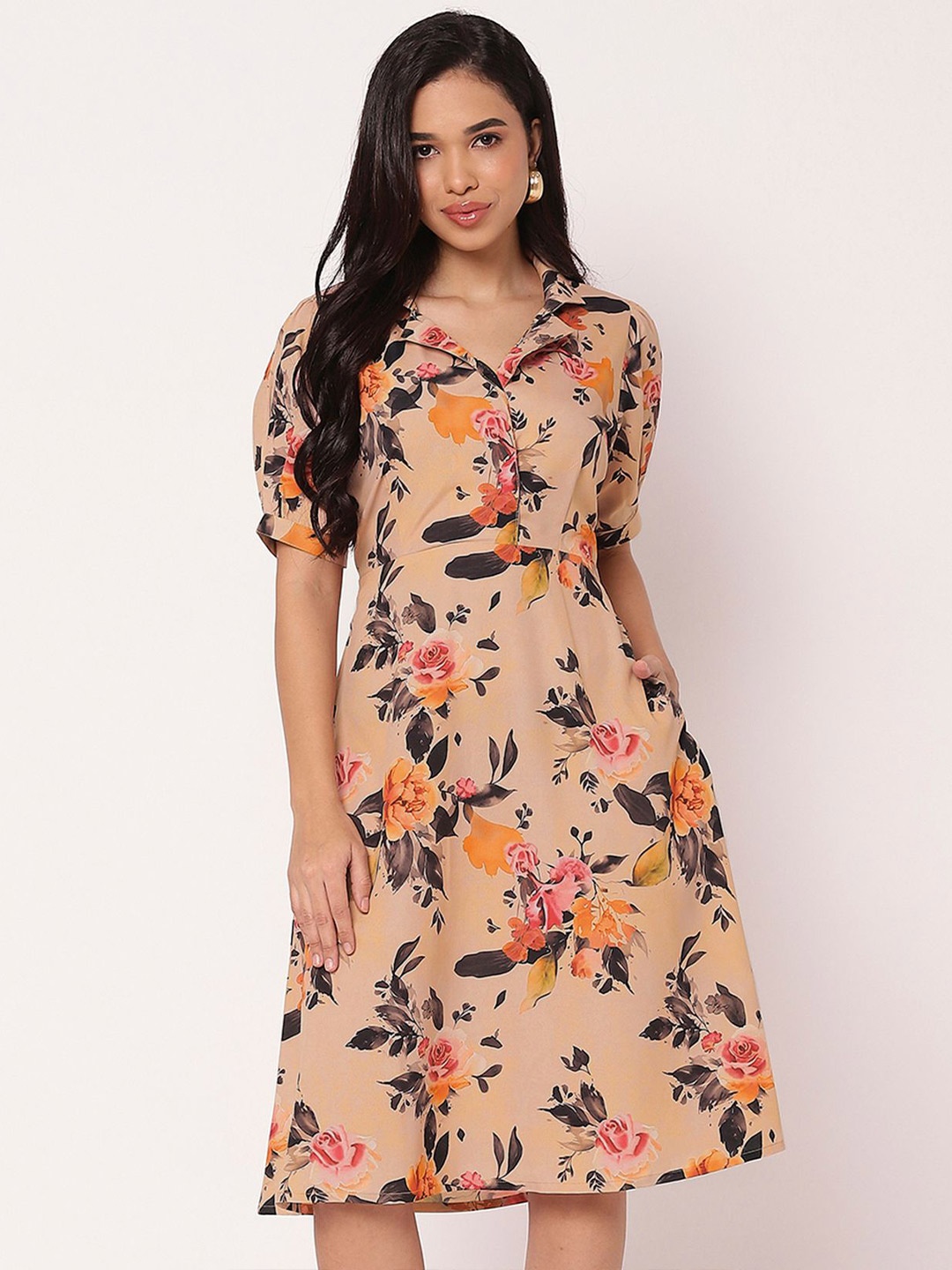 

Moomaya Floral Print Puff Sleeve Crepe A-Line Dress, Peach