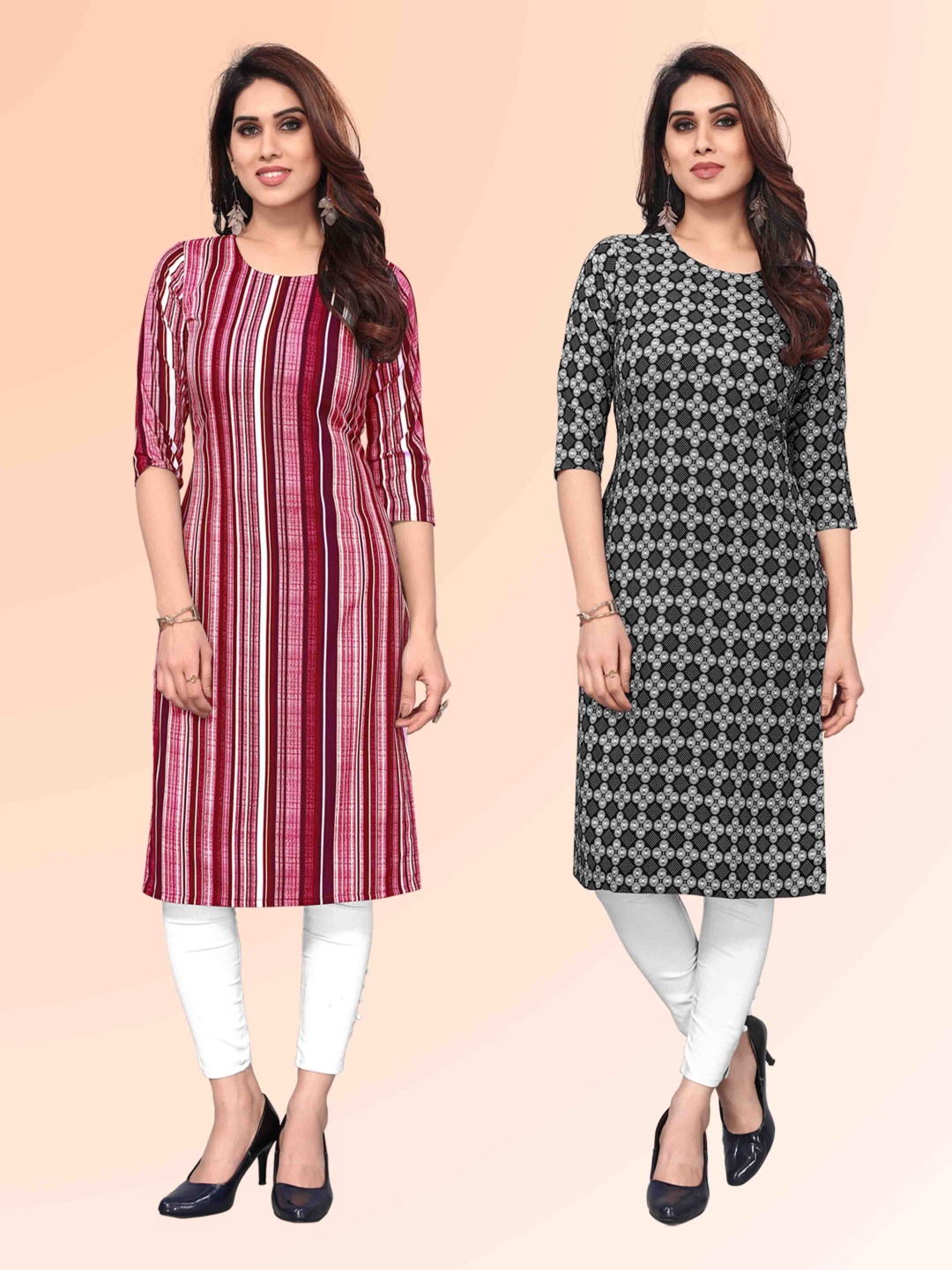 

KETAKI FASHION Selection Of 2 Striped Printed Round Neck Straight Kurtas, Pink