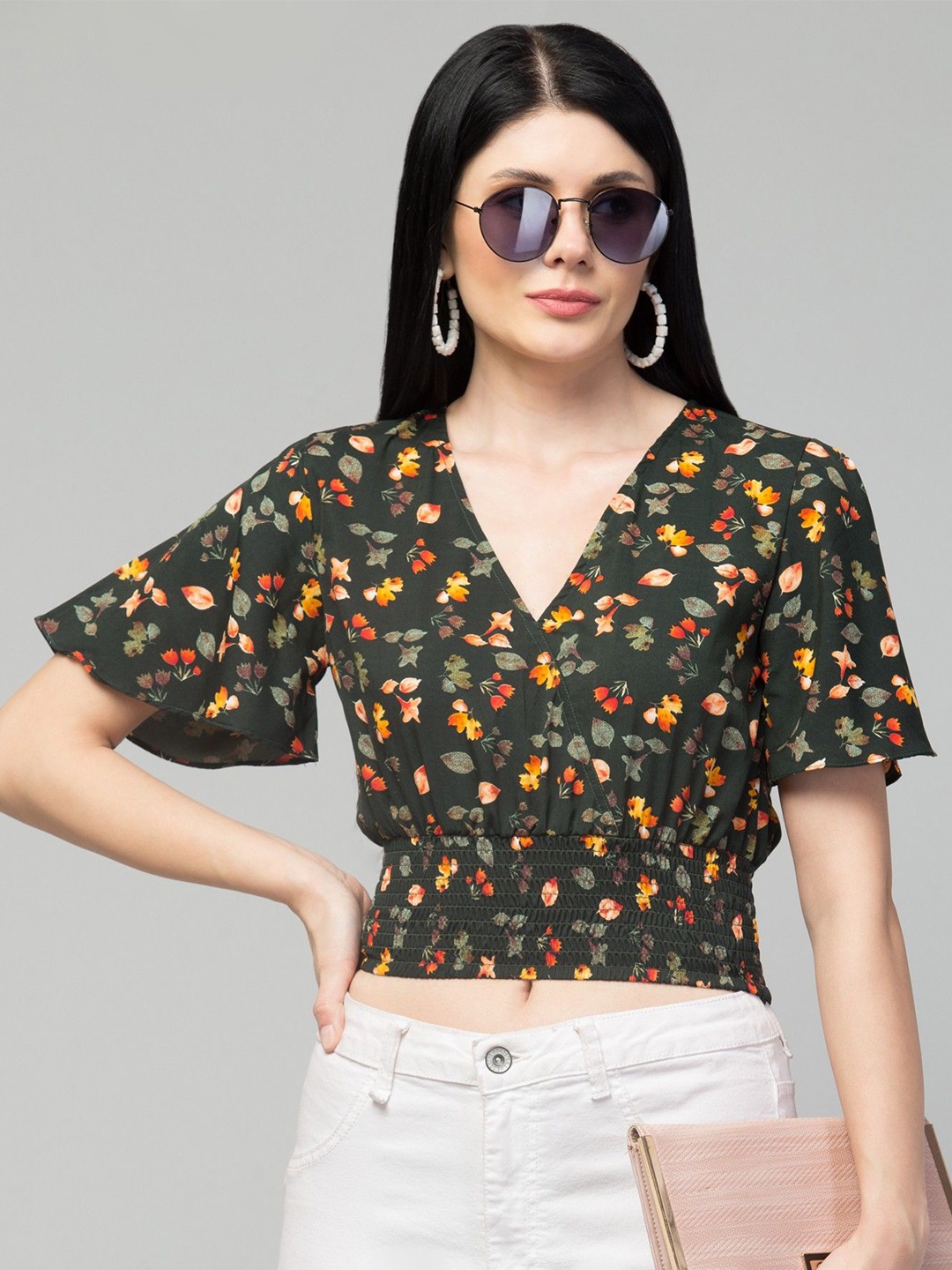 

CULPI Floral Printed Cinched Waist Top, Green