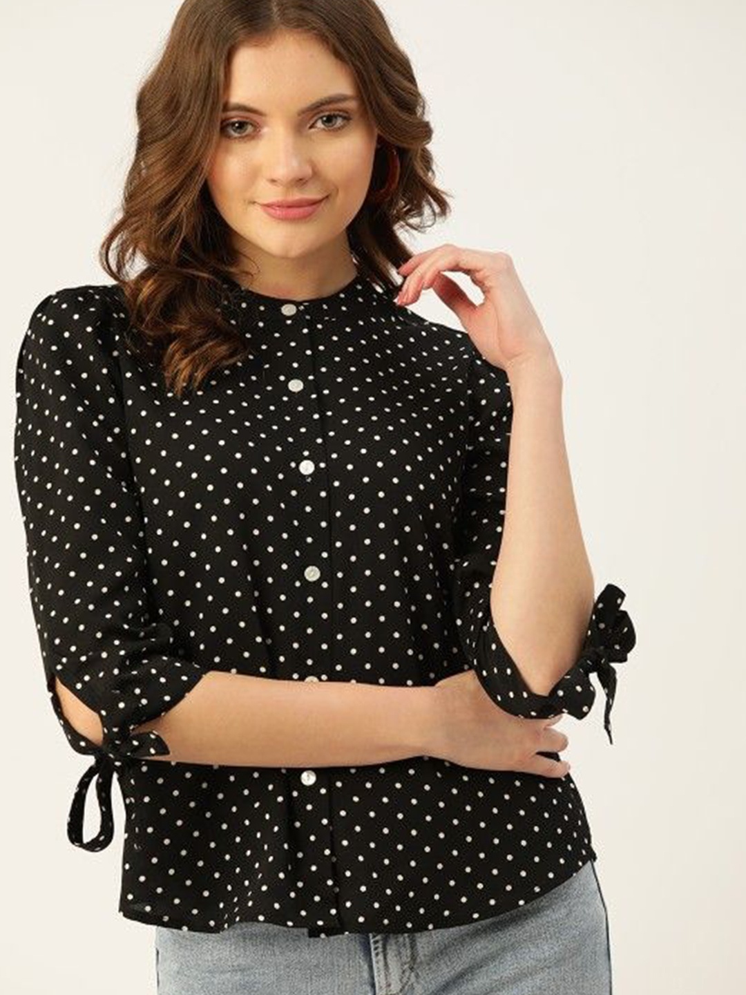 

DressBerry Polka Dot Printed Mandarin Collar Top, Black