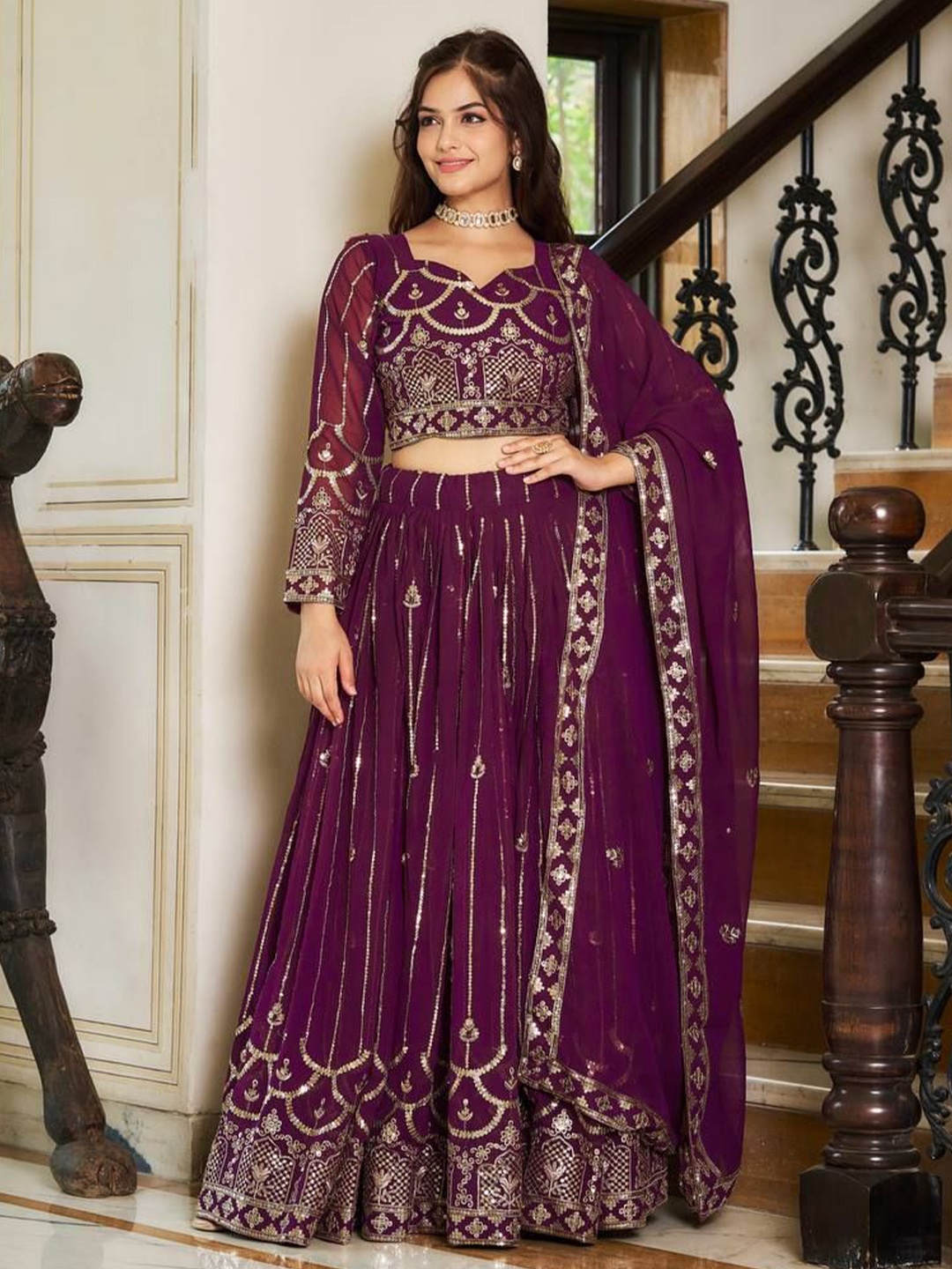 

Ethnic Yard Embroidered Sequinned Georgette Ready to Wear Lehenga & Blouse With Dupatta, Purple