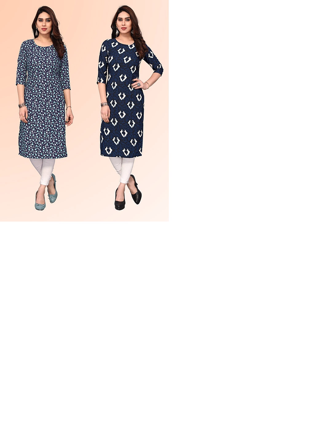 

KETAKI FASHION Selection Of 2 Floral Printed Round Neck Straight Kurtas, Navy blue