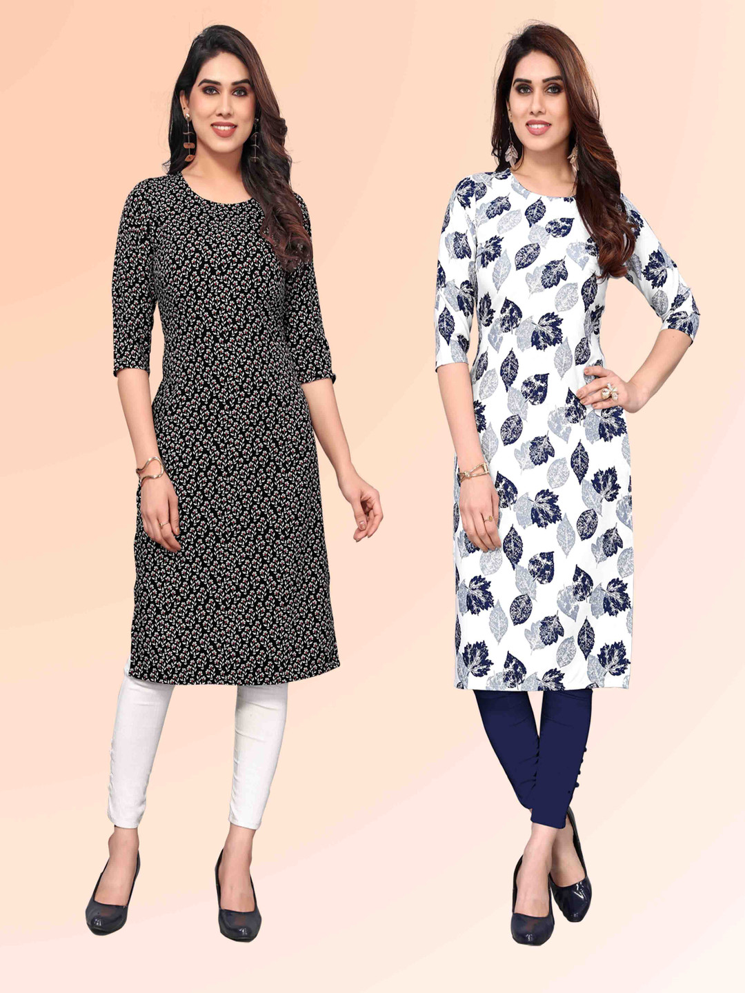 

KETAKI FASHION Selection Of 2 Floral Printed Round Neck Straight Kurtas, Black