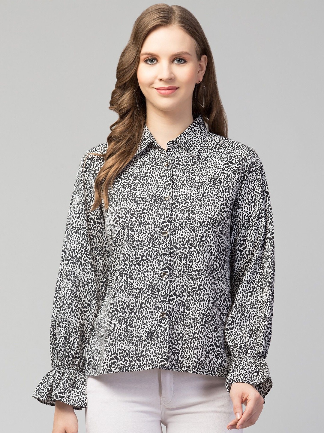 

CULPI Animal Printed Shirt Style Top, Black