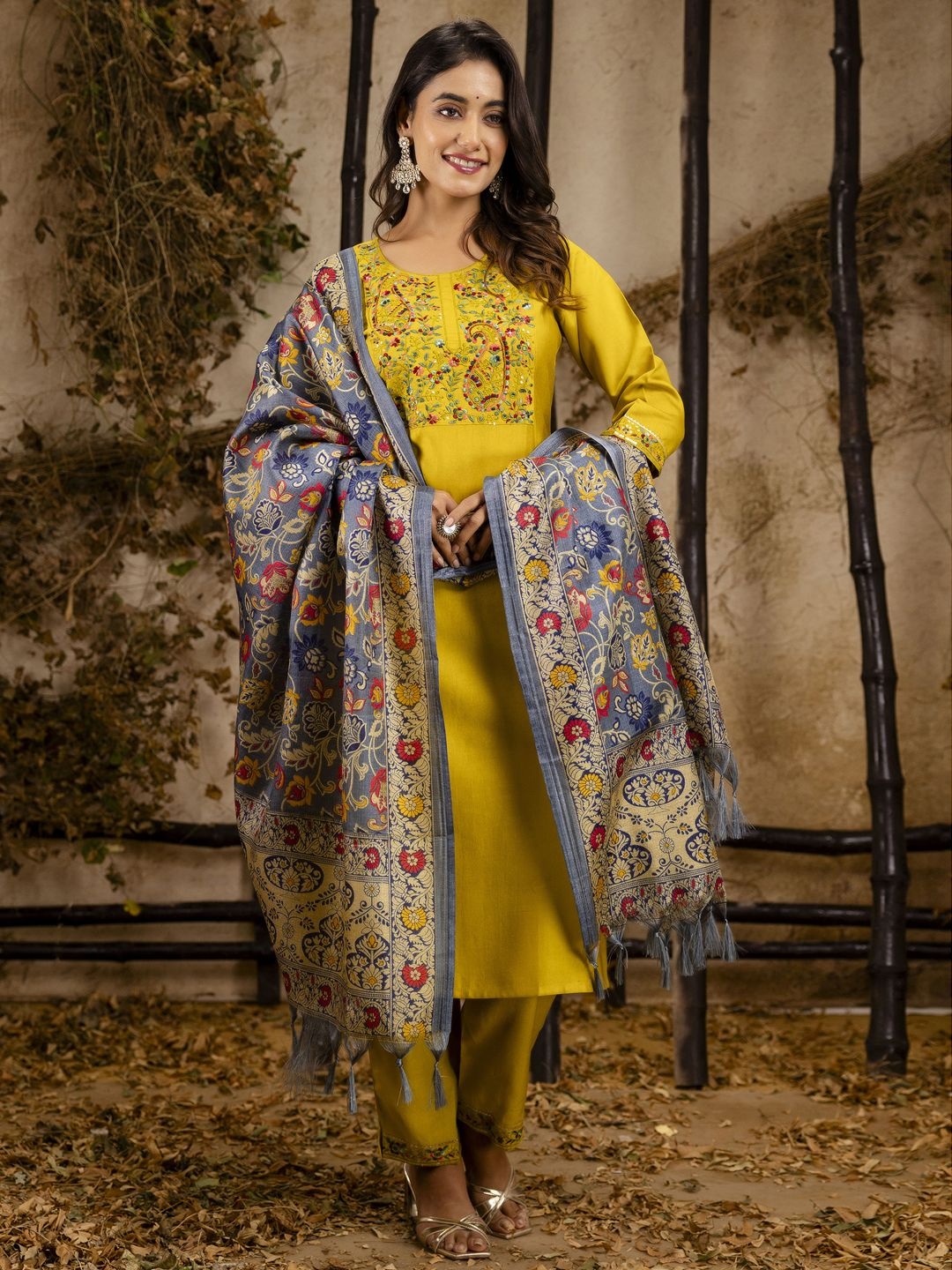 

VredeVogel Floral Embroidered Round Neck Straight Kurta With Trouser And Dupatta, Yellow