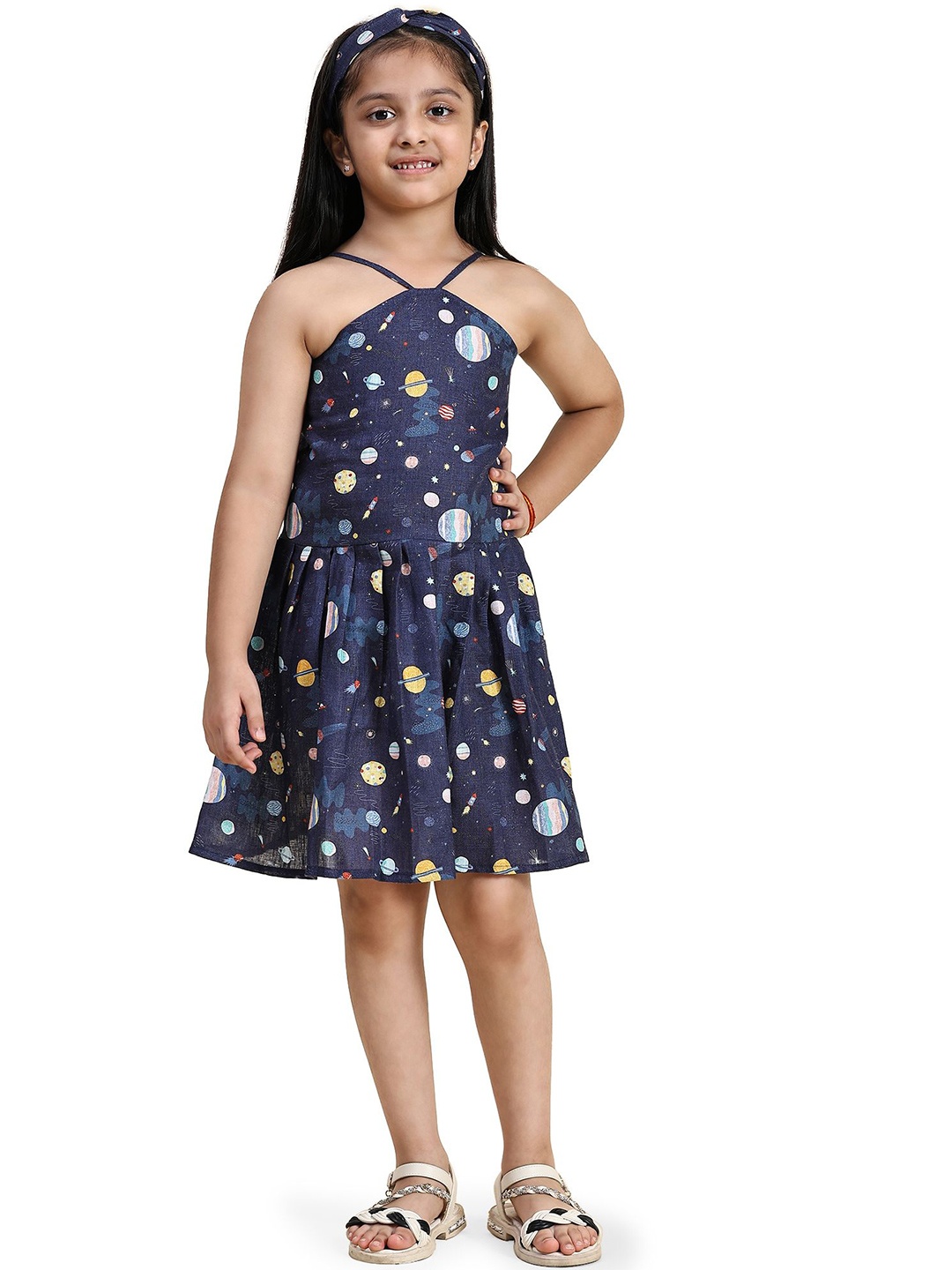 

Funny Bones Clothings Girls Printed Halter Neck Linen A-Line Dress, Navy blue