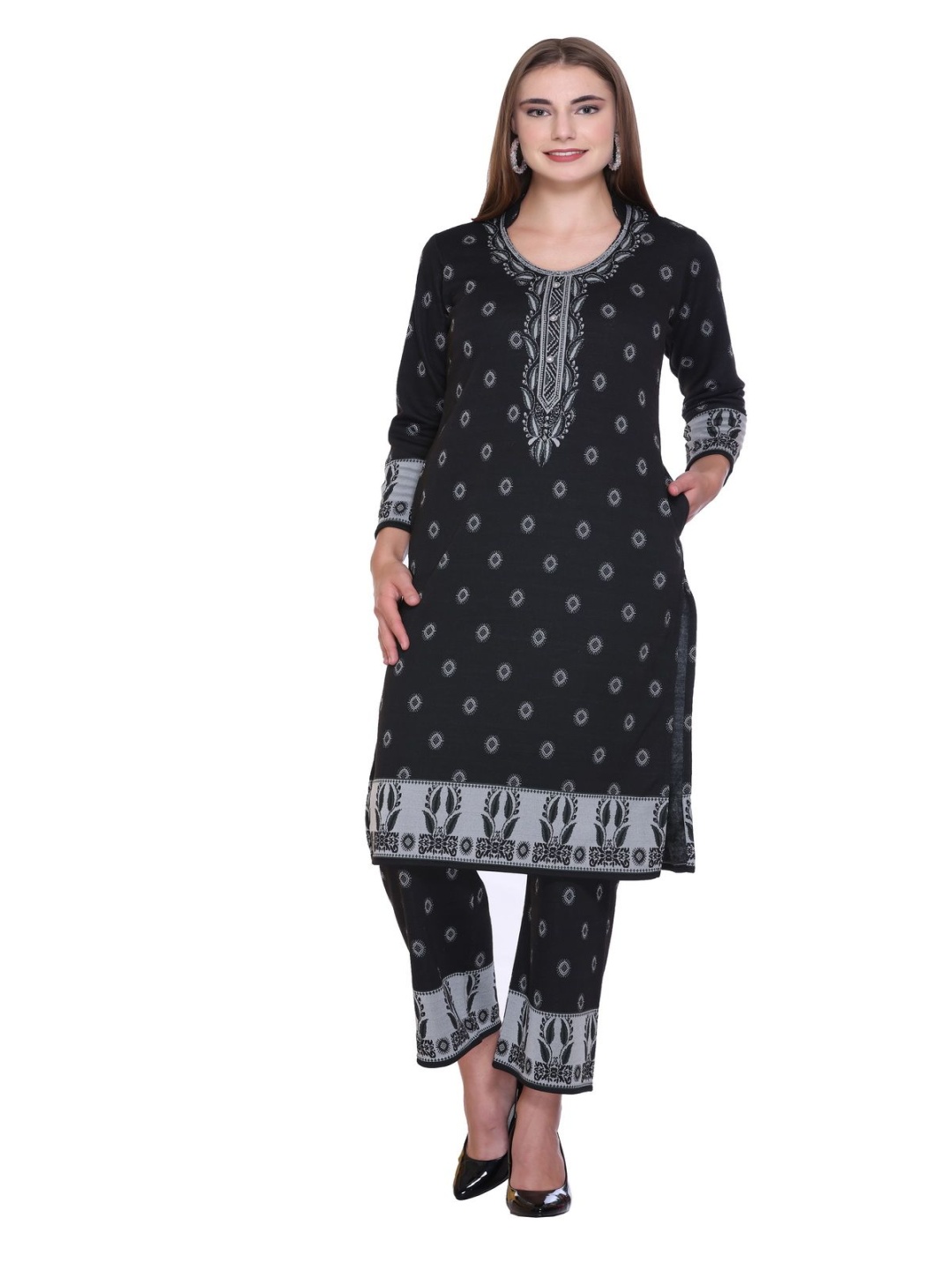 

ROSARY Ethnic Motifs Printed Mandarin Collar Woollen Kurta With Palazzos And Dupatta, Black